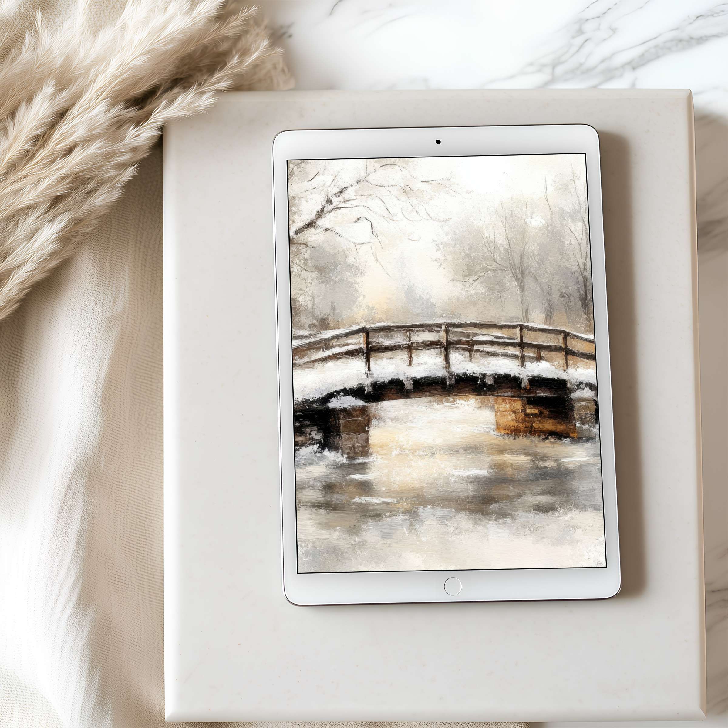 Serene winter bridge tablet wallpaper blends soft neutral tones, perfect for iPad or Android high resolution digital downloads