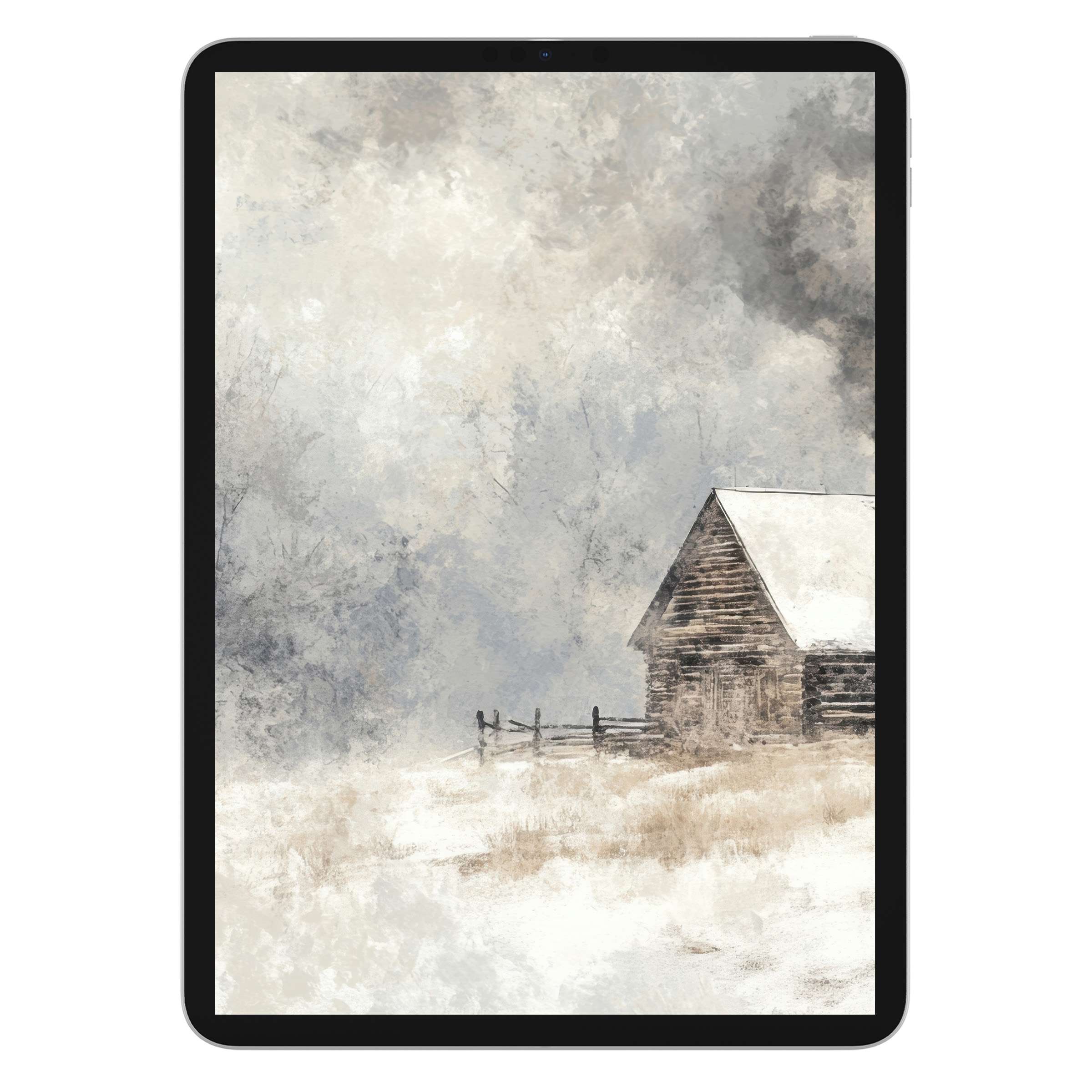 Winter iPad wallpaper with rustic cabin amidst a serene snowy landscape digital download perfect background for tablets elegance