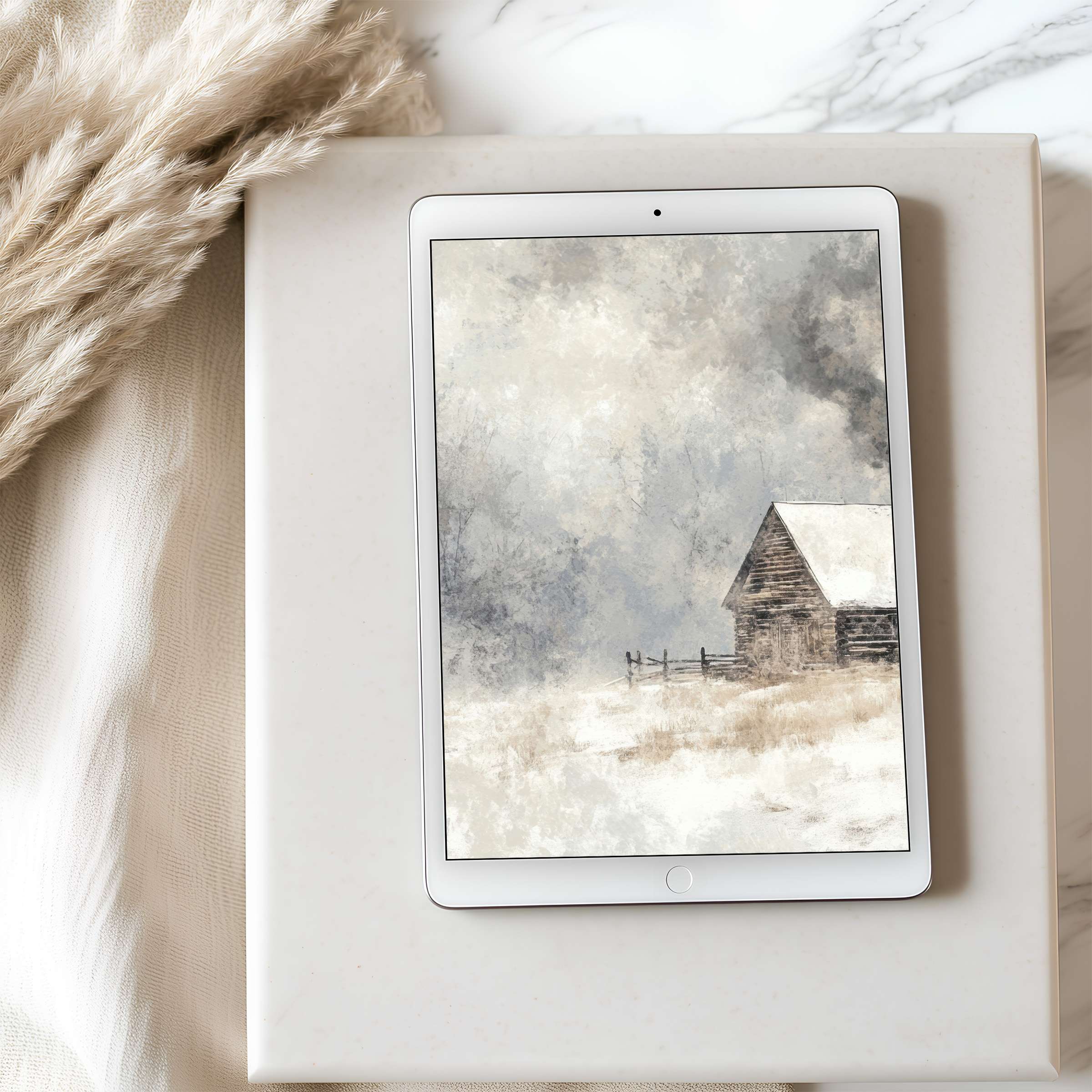 Elegant tablet wallpaper featuring a serene winter cabin landscape in soft neutrals, perfect for high resolution iPad download
