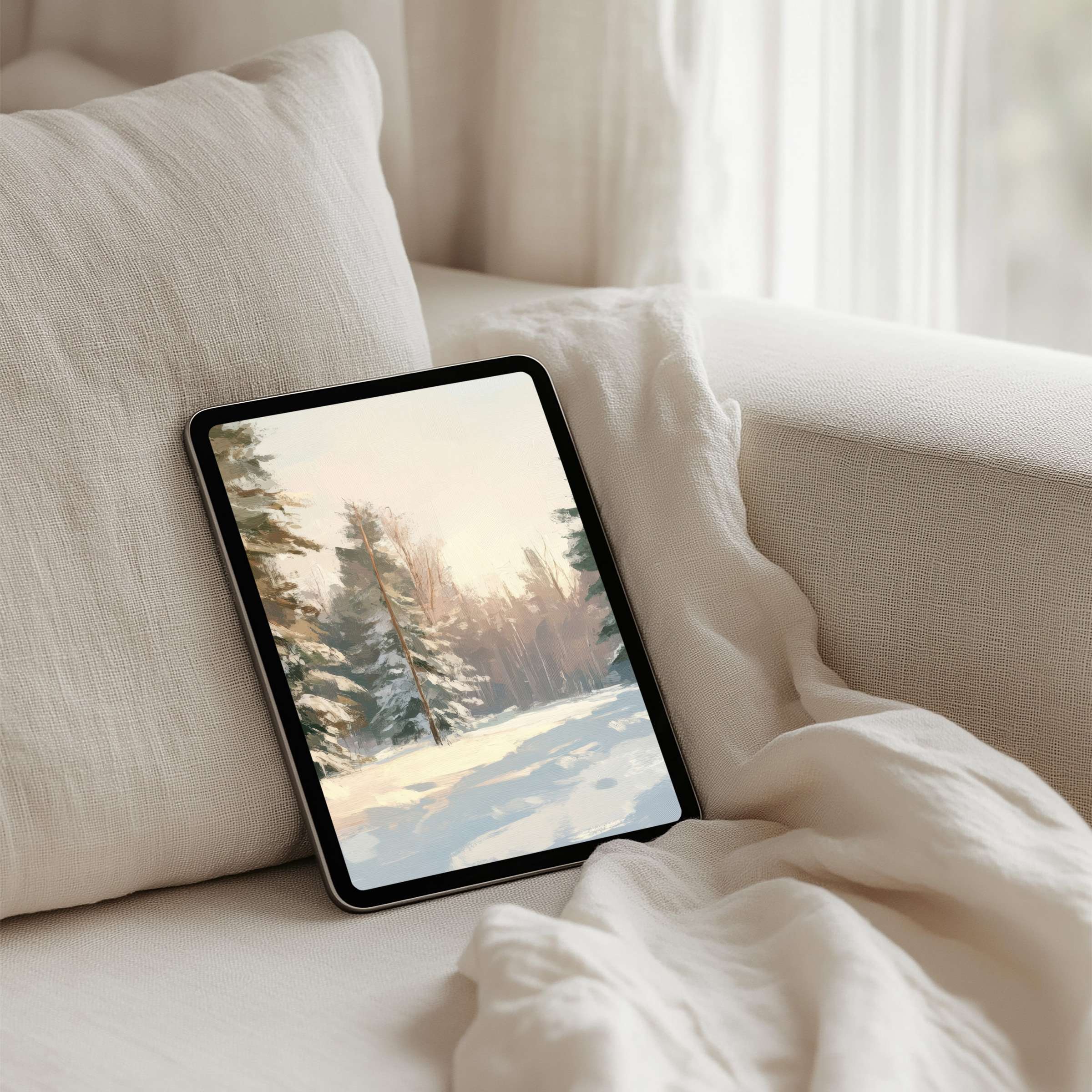 Elegant snowy forest scene iPad background offers instant download for tablets infusing calm and mindfulness into your digital space