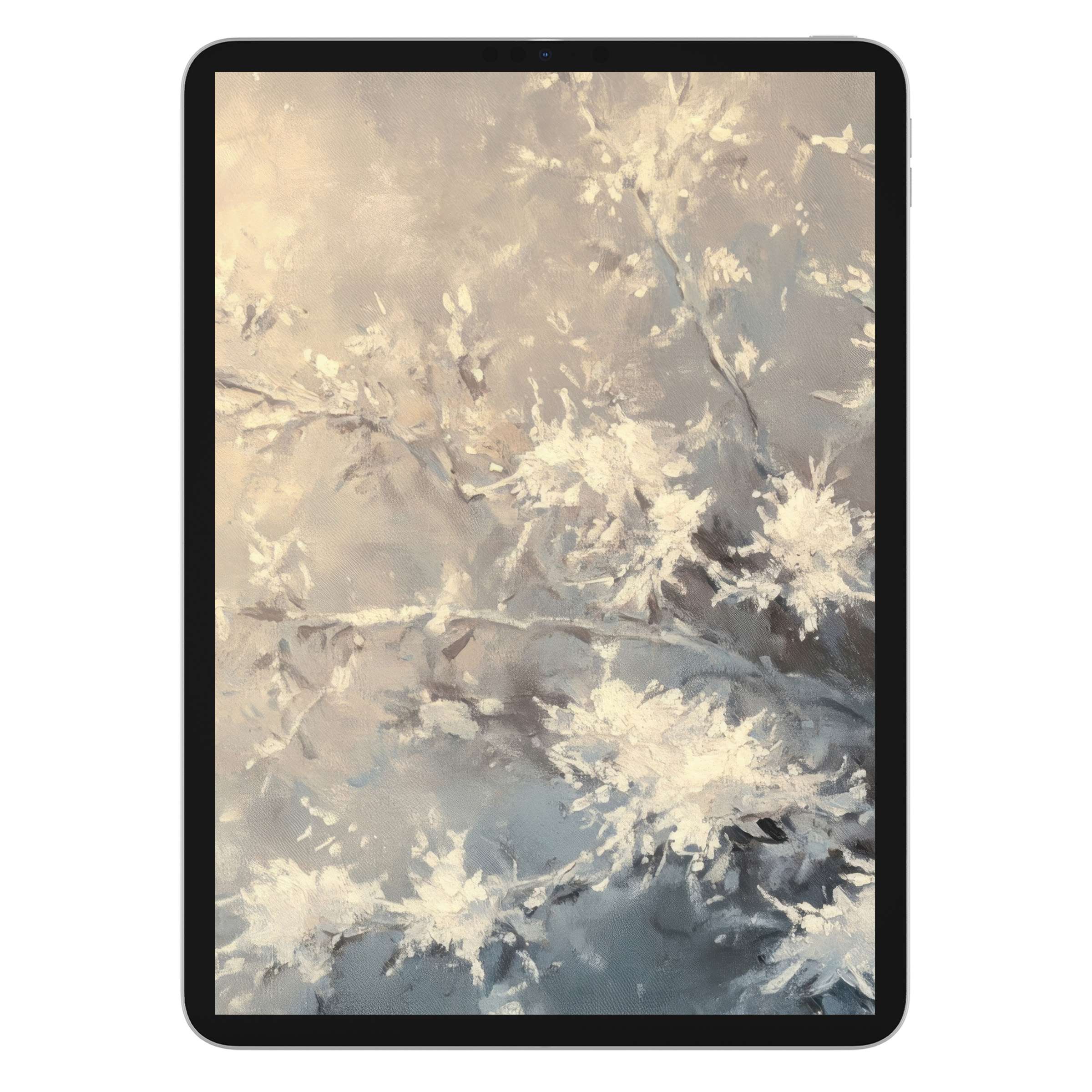 Elegant winter iPad wallpaper with soft pastel textures creates a serene digital download background, ideal for any tablet display