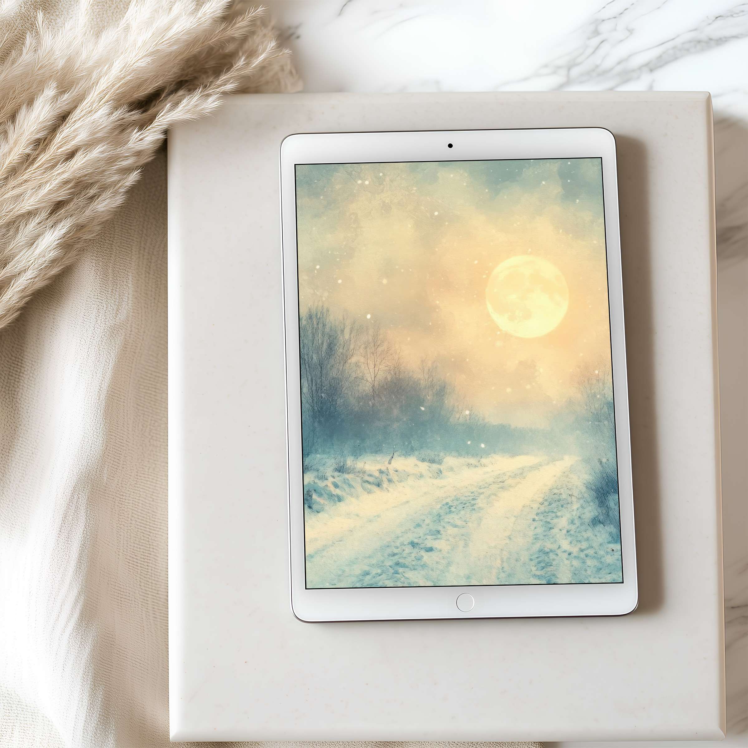 Snowy landscape tablet wallpaper with serene moonlit scene in high resolution, perfect for iPad or Android download enhancing tranquility