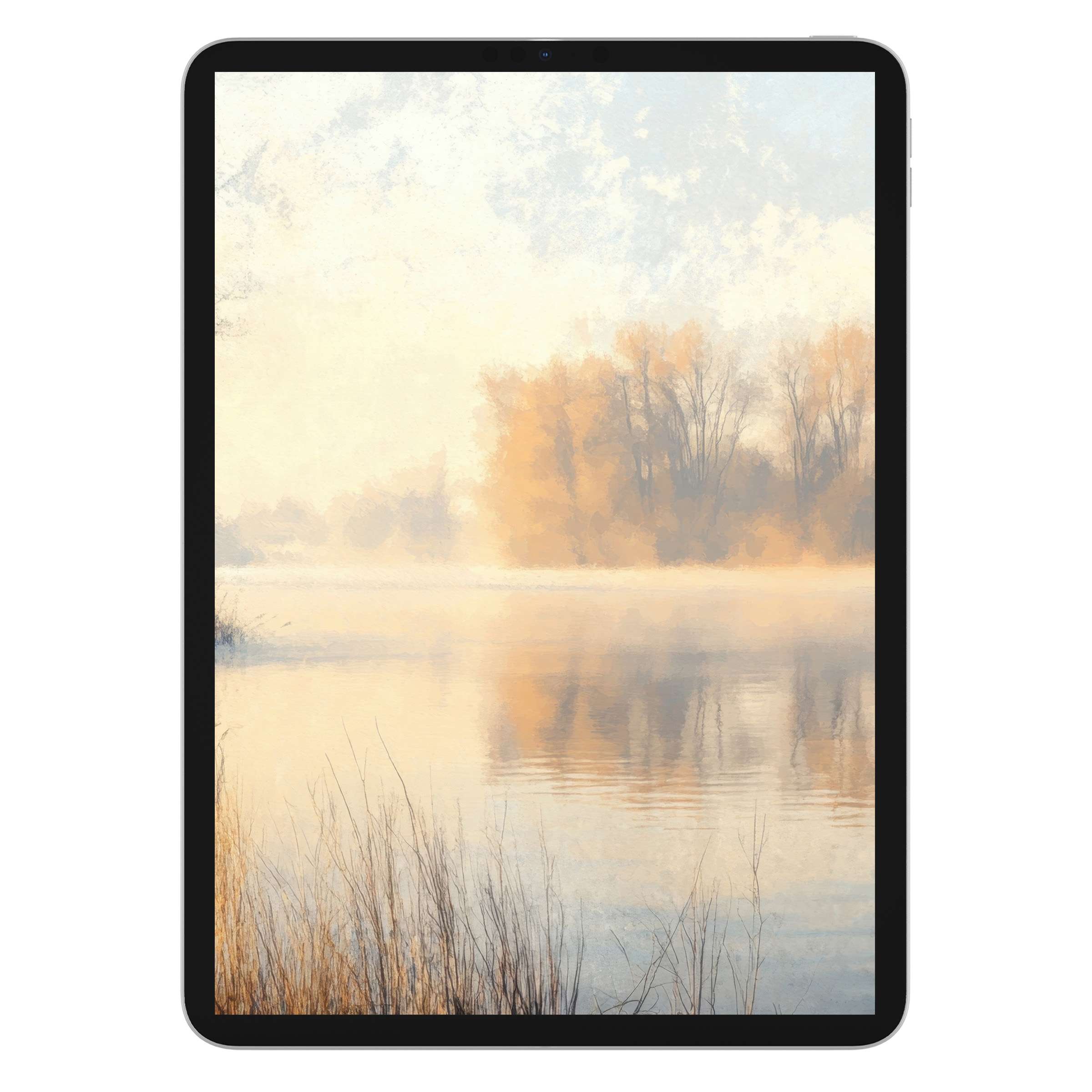 Invigorating winter iPad wallpaper with serene, misty lake and golden trees, perfect digital download for tablet backgrounds