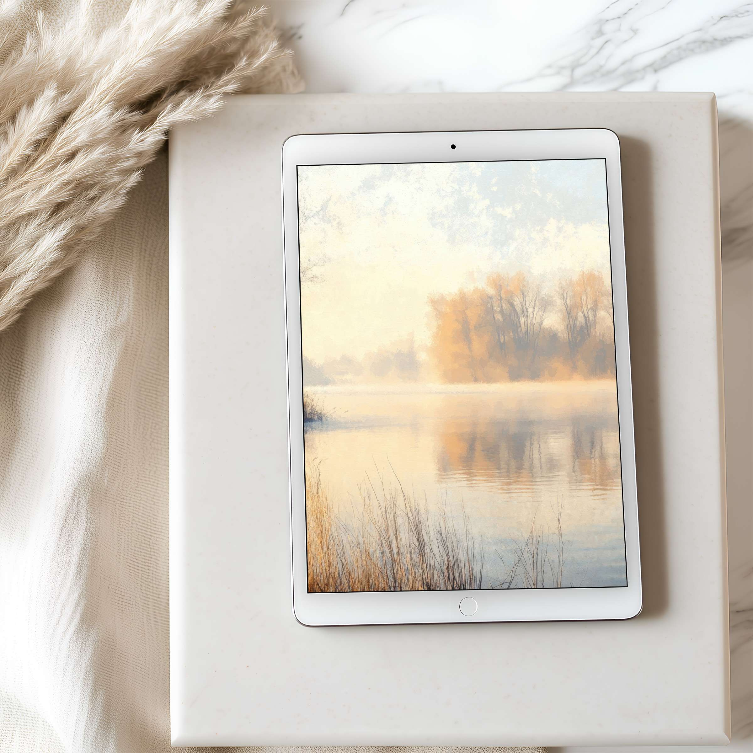 Elegant minimalist tablet wallpaper depicting serene autumn lake reflections with soft hues, ideal for high-resolution iPad download