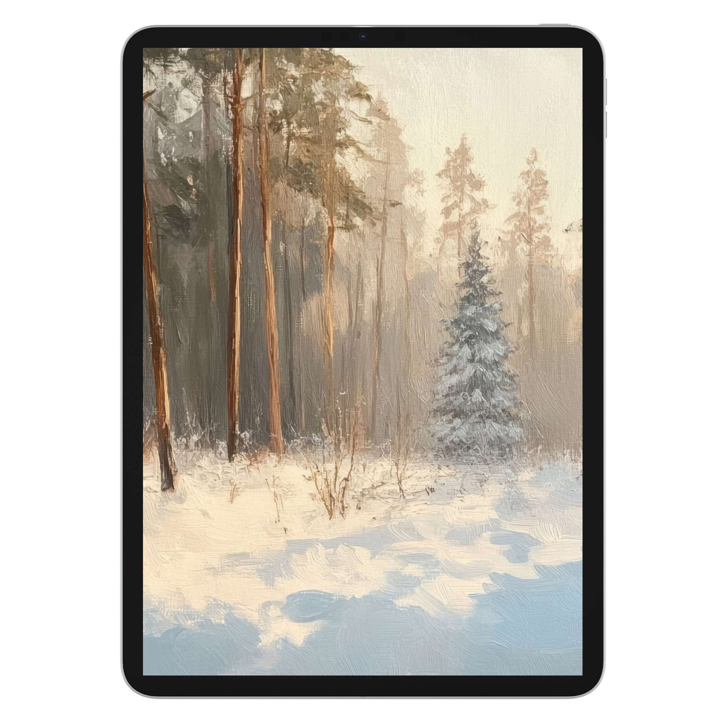 Elegant winter iPad wallpaper featuring serene snowy forest scene, perfect digital download background for tablets, evokes tranquility