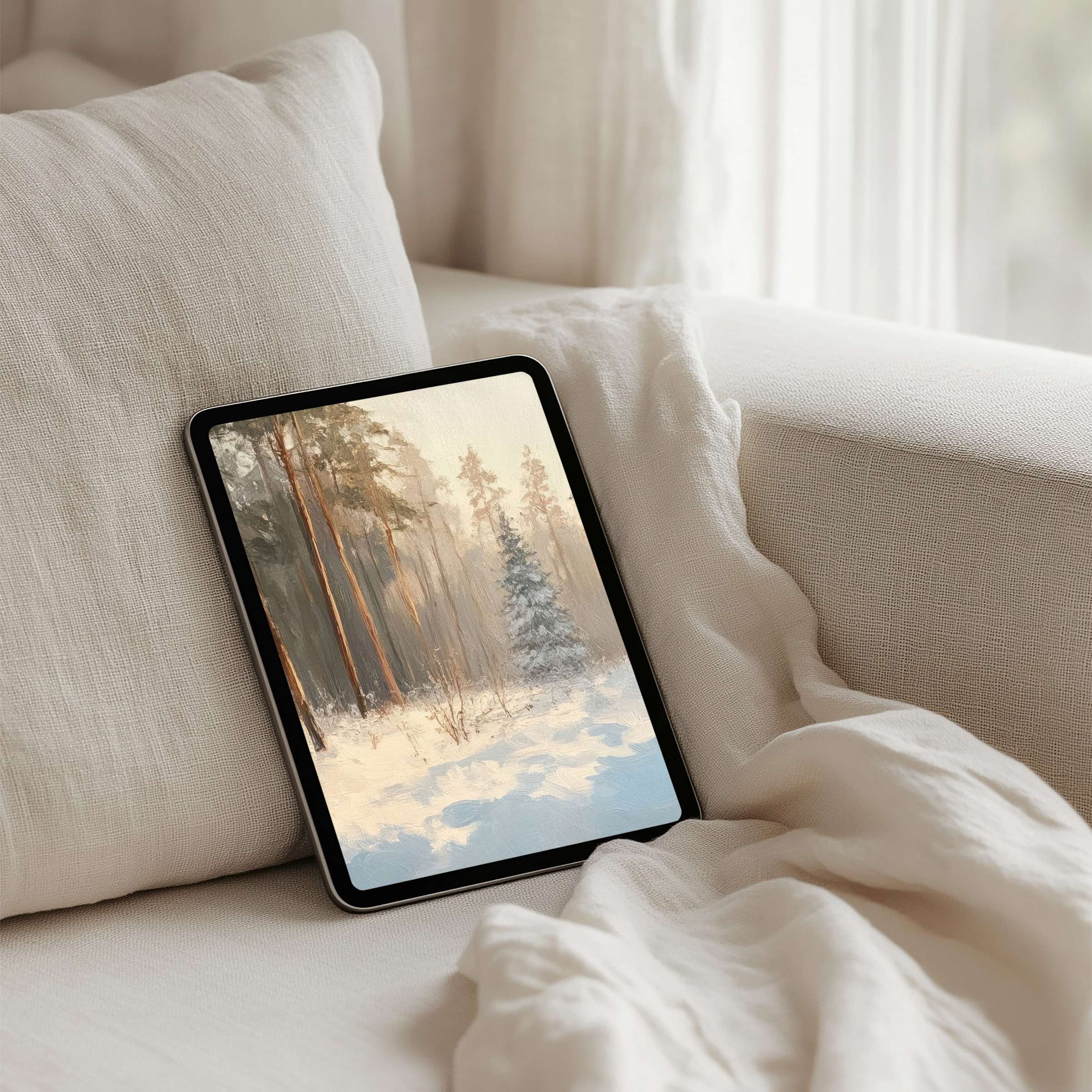 Cozy winter forest scene iPad background for instant download exudes calm and elegance perfect for any tablet ambiance