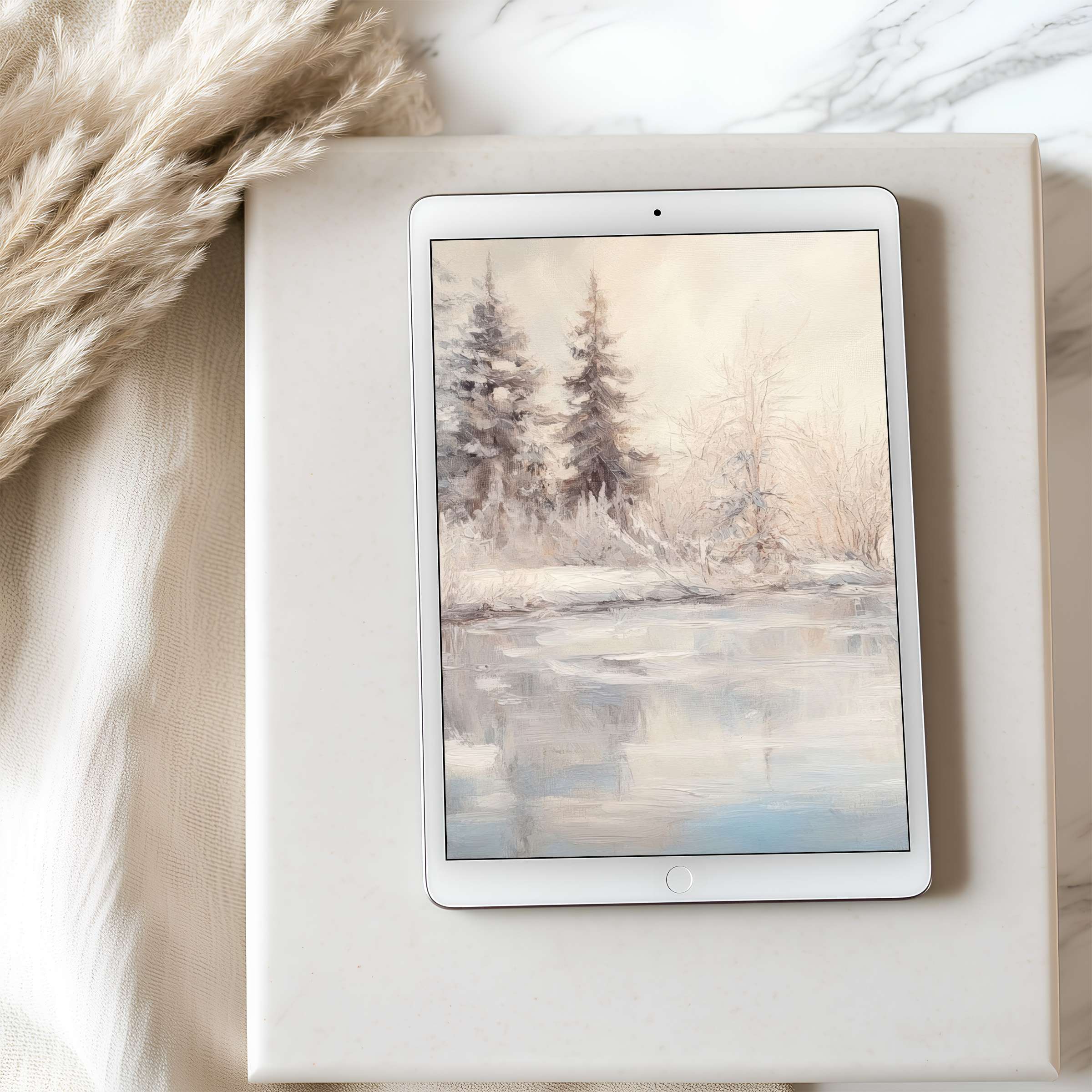 Tranquil winter landscape tablet wallpaper in high resolution evokes serenity with soft neutrals perfect for iPad and Android download