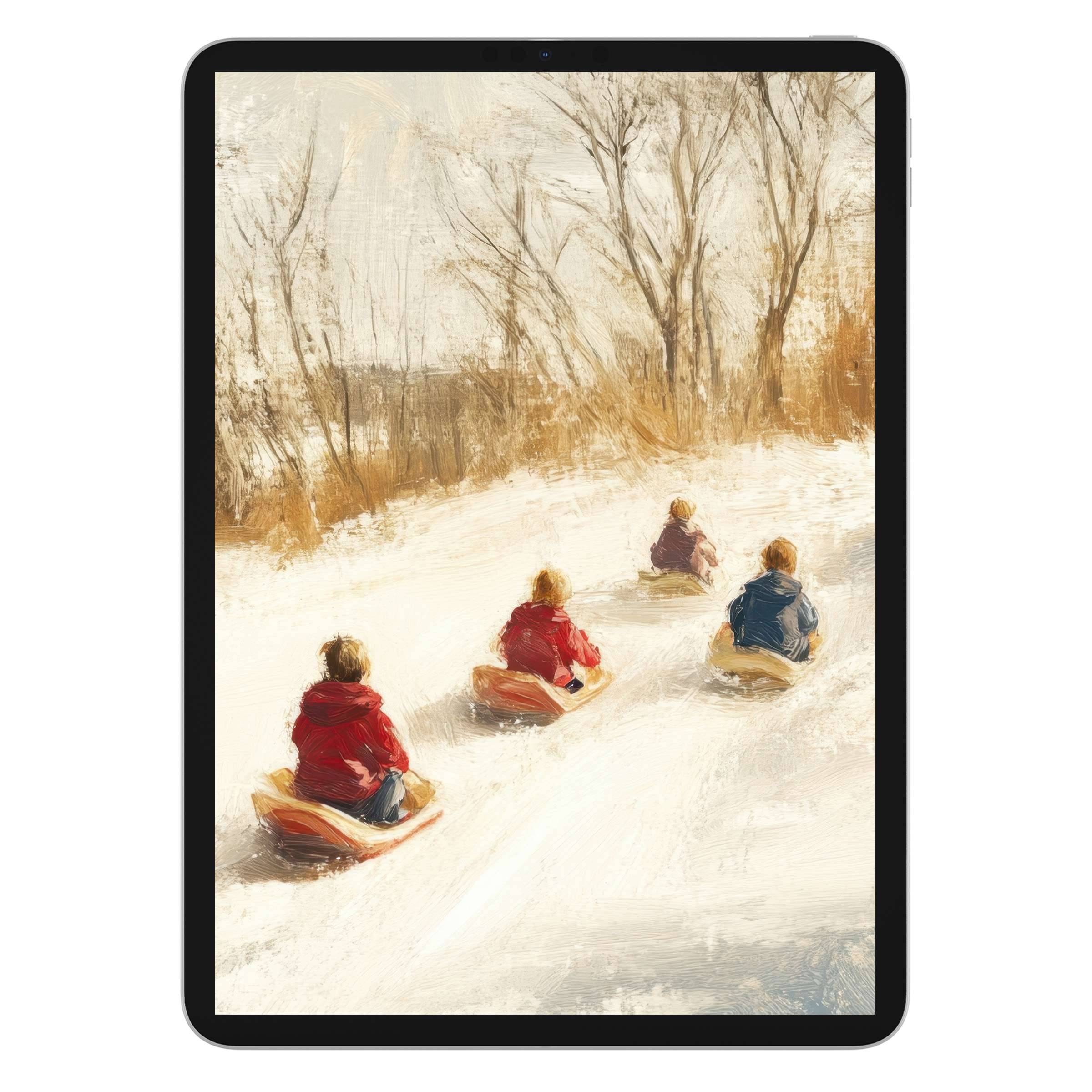 Children sledding through a serene snowy landscape creates a cozy winter iPad wallpaper background suitable for tablet digital download