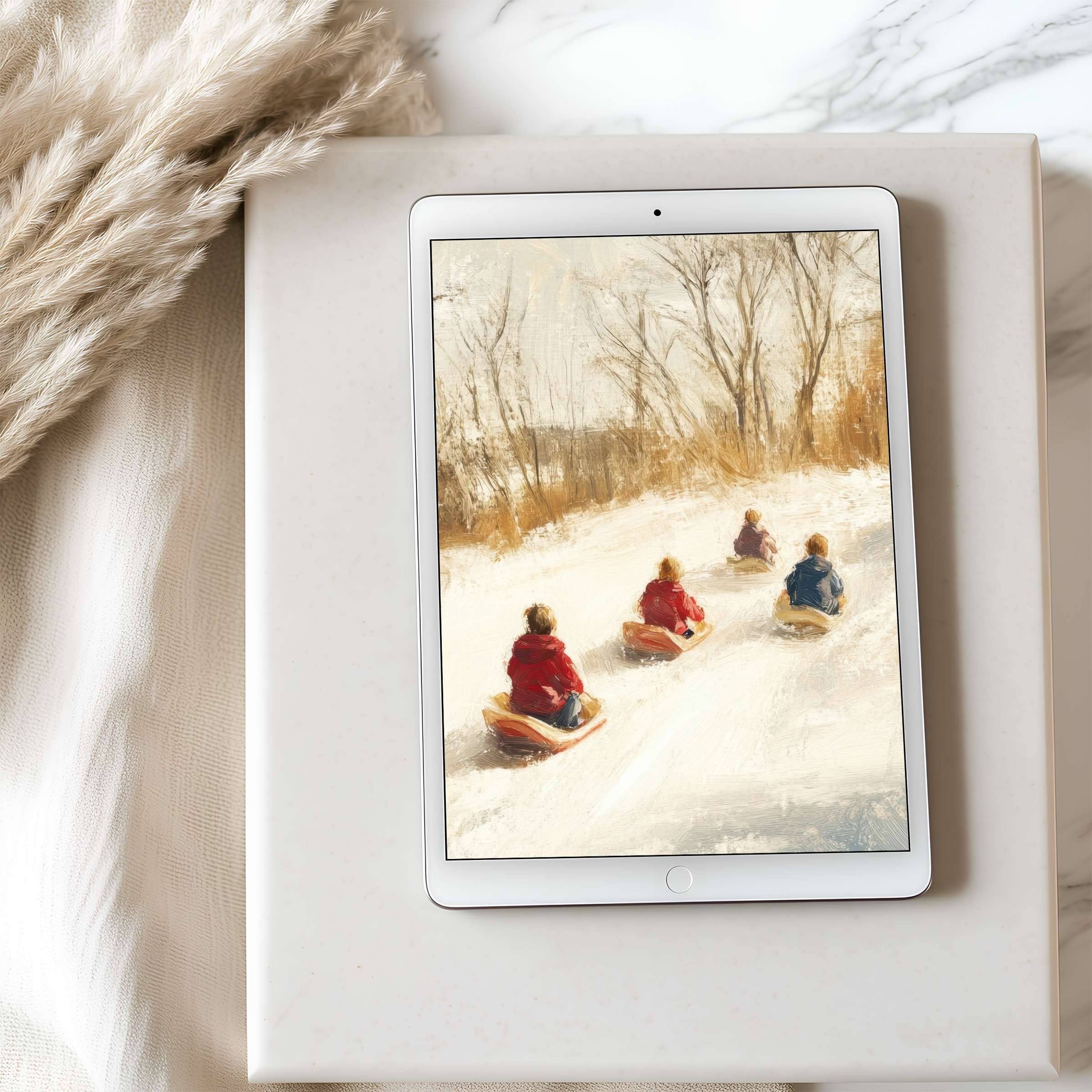 Serene winter tablet wallpaper featuring children sledding, ideal for iPad or Android tablets; captures joy, warmth, nostalgia, high resolution download