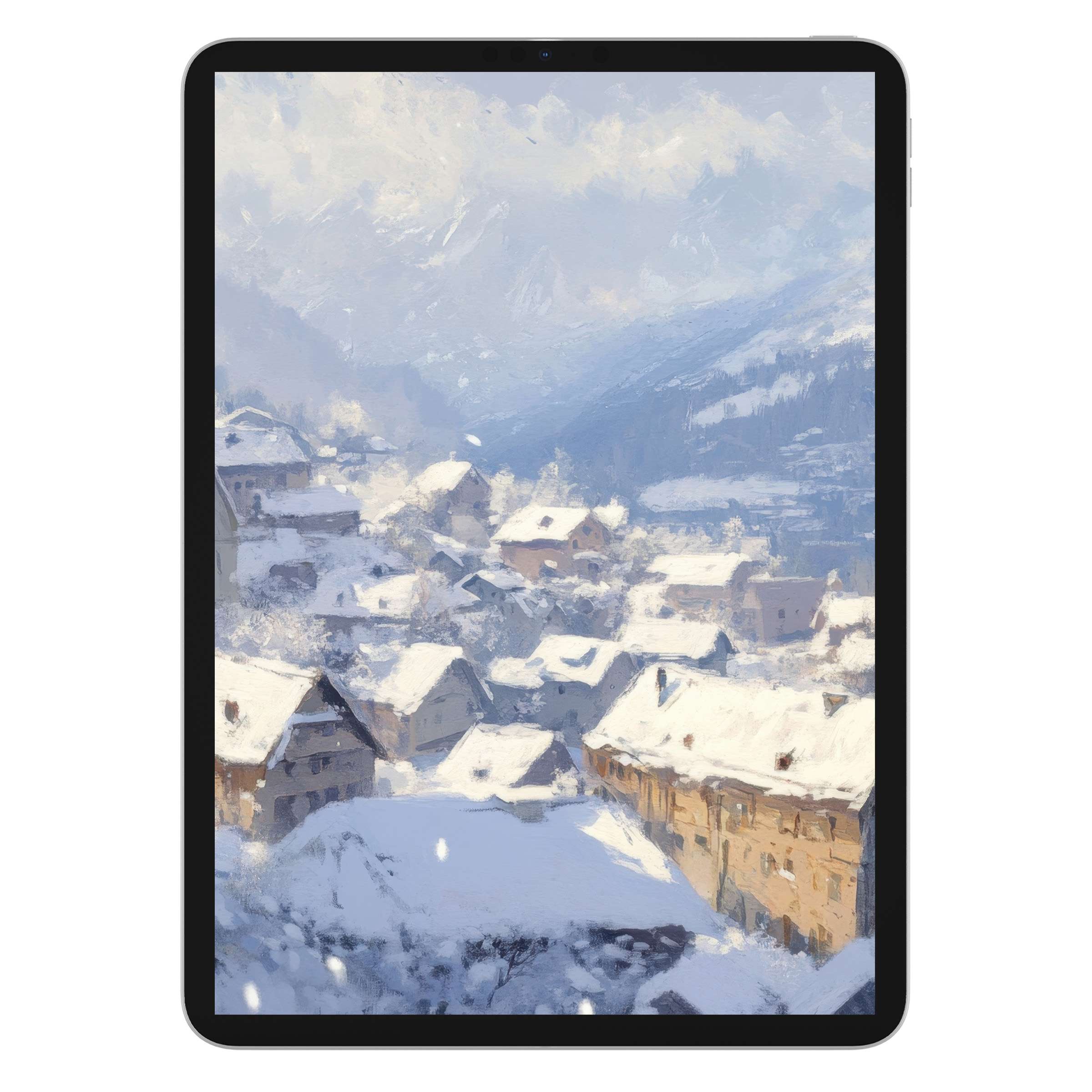 Winter iPad wallpaper digital download captures serene snowy village scenery, perfect tablet background for calming, sustainable design