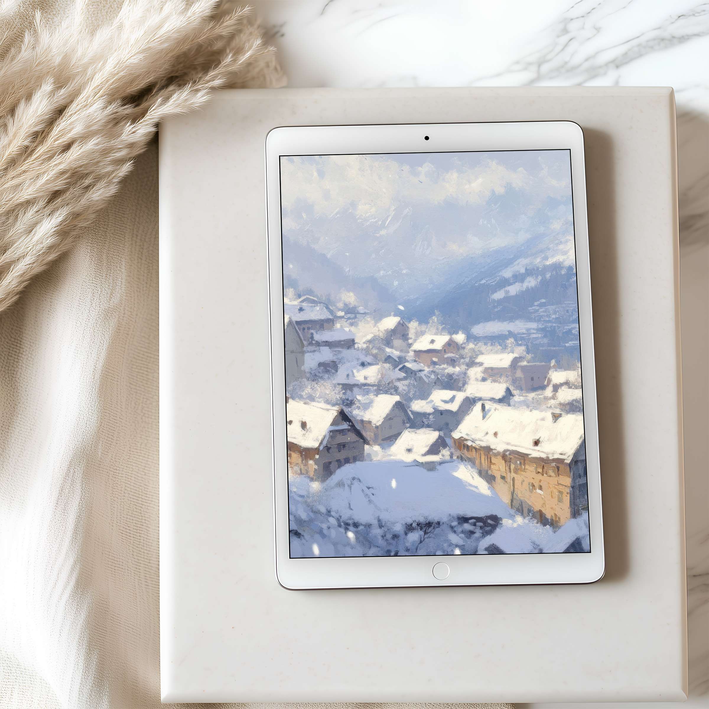Elegant snow-covered village tablet wallpaper on an iPad, high resolution digital download for serene and stylish interiors