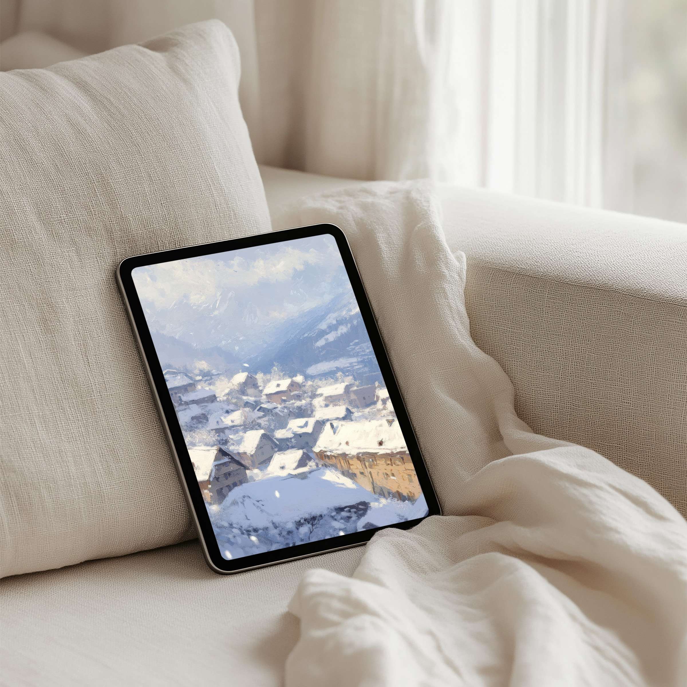 Elegant iPad background depicting serene snowy village scenery for instant download to fit any tablet inspiring calm and mindfulness