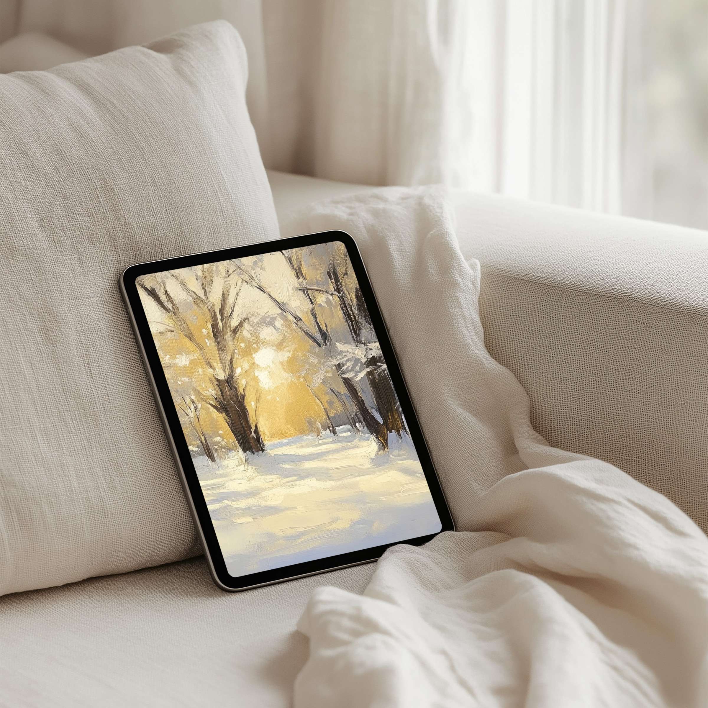 Serene winter painting as iPad background offers instant download for tablets inspiring calm elegance and mindful living