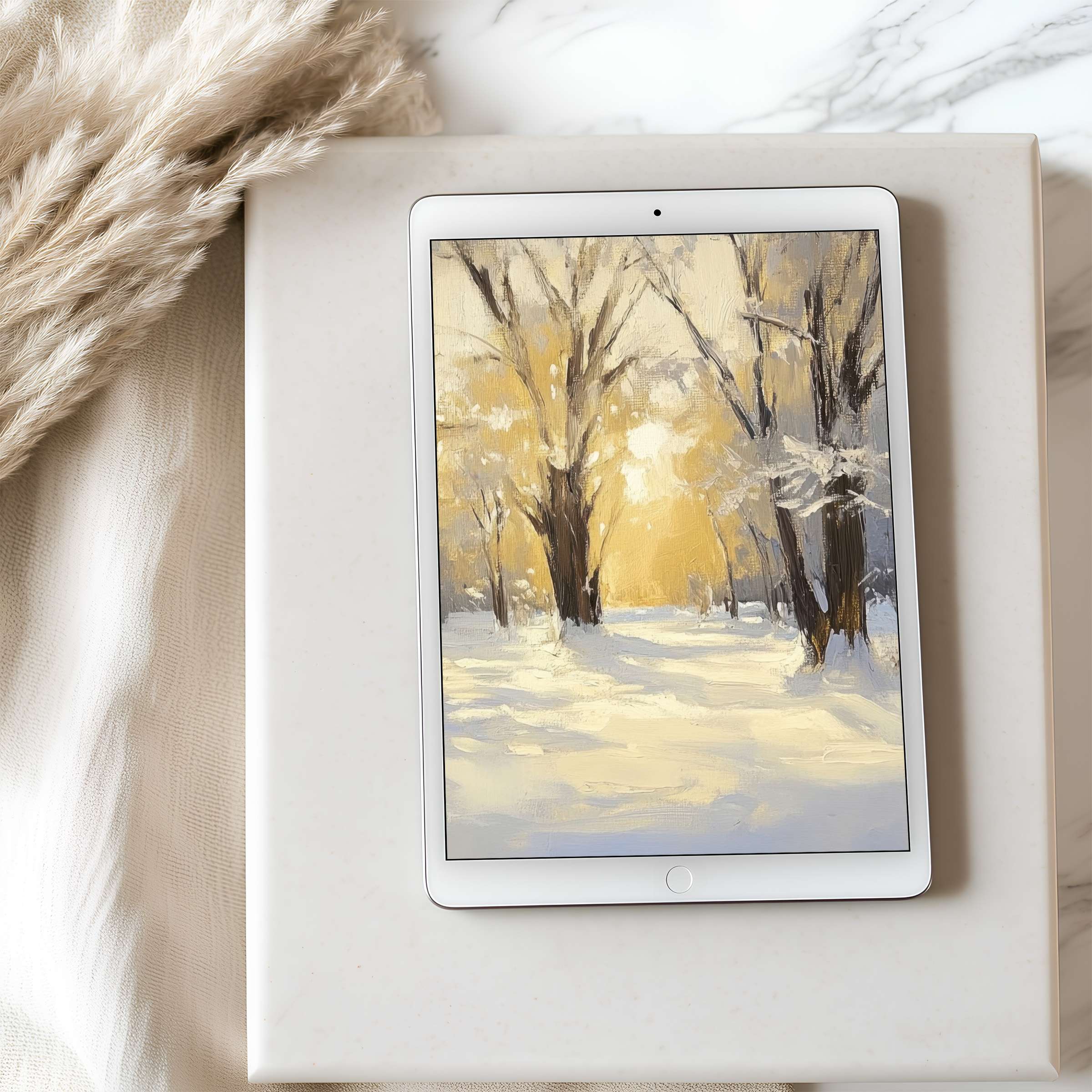Elegant winter landscape tablet wallpaper with serene snow-covered trees in high resolution, perfect for iPad or Android screens, available as digital download