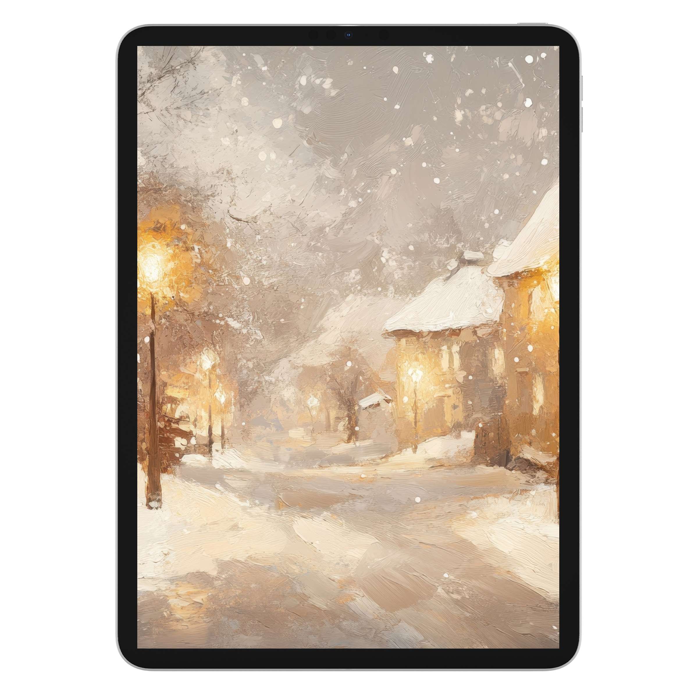 Winter iPad wallpaper digital download features an elegant, calming snowy village scene perfect for tablet background aesthetics