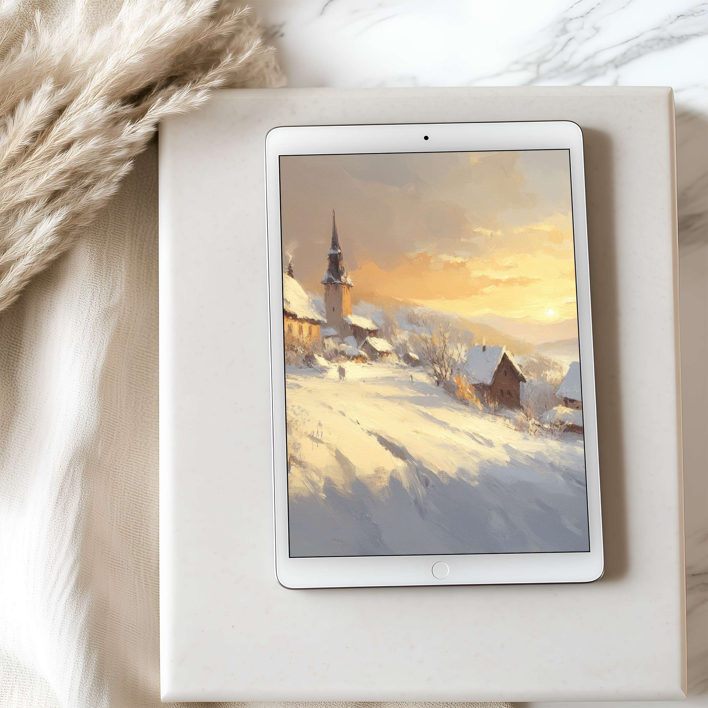 Elegant winter landscape tablet wallpaper in warm sunset hues, ideal high-resolution digital download for iPad and Android tablets