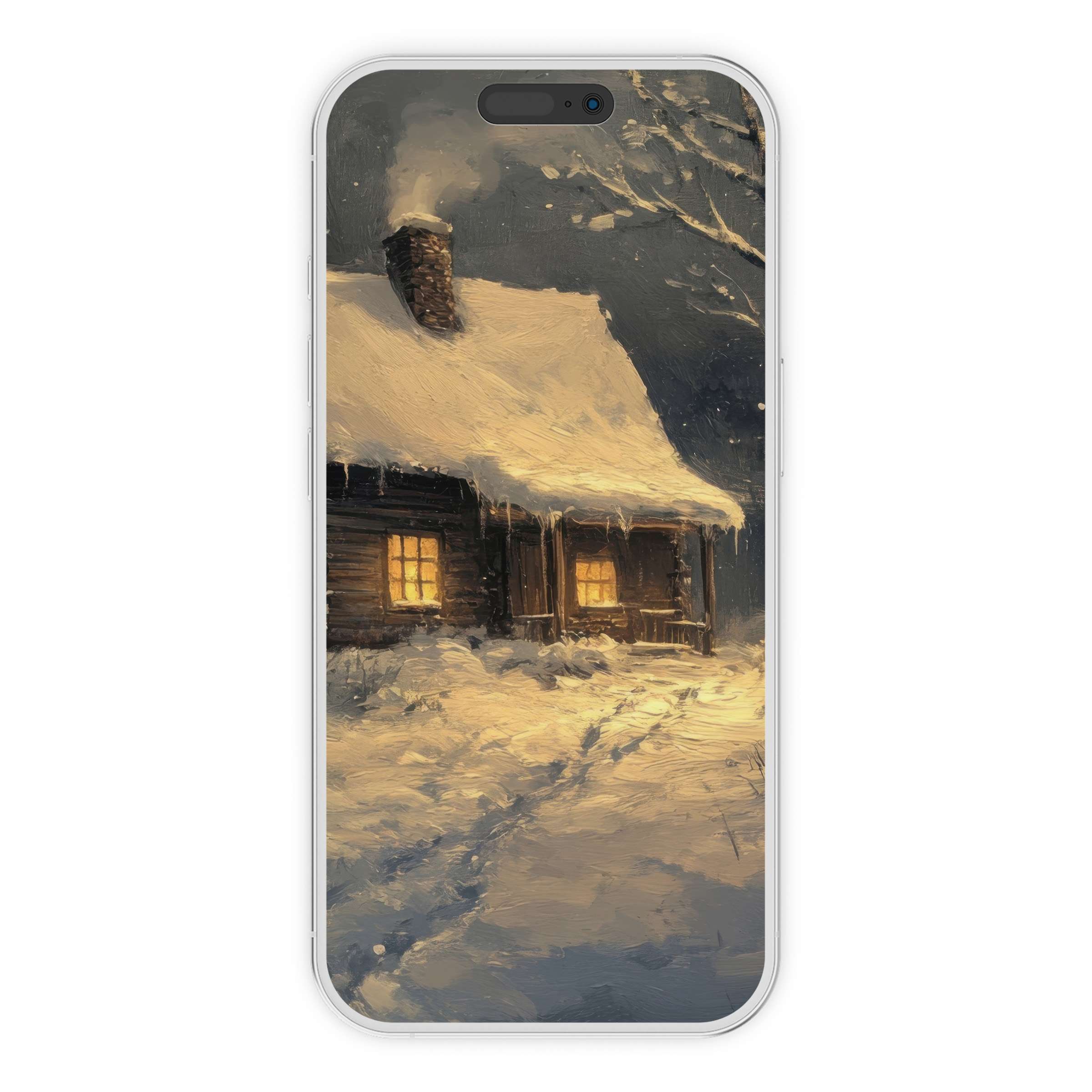Cozy cabin in a snowy landscape painted with soft brushstrokes, creating a serene winter iPhone wallpaper phone background perfect for digital download use on all phones