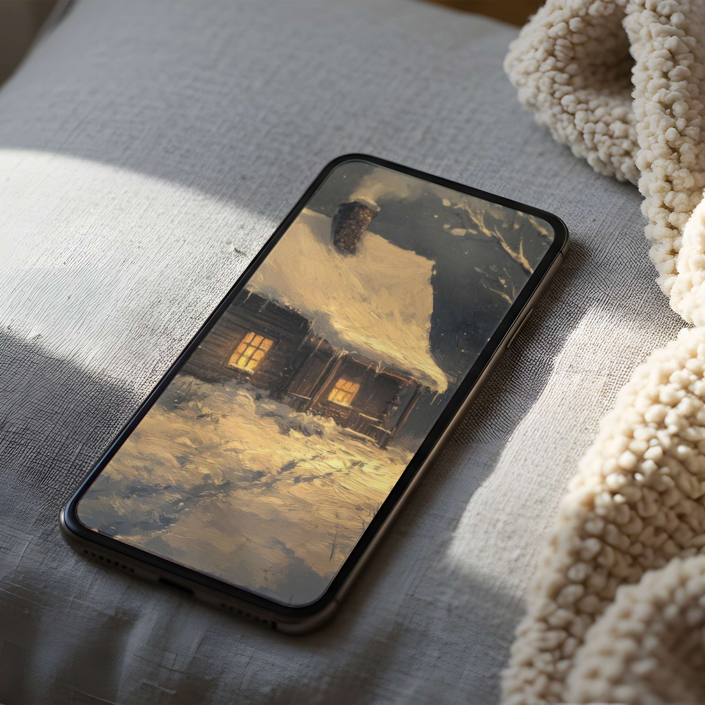 Cozy winter cabin phone wallpaper exudes serene elegance with warm hues suitable for iPhone android digital download high resolution
