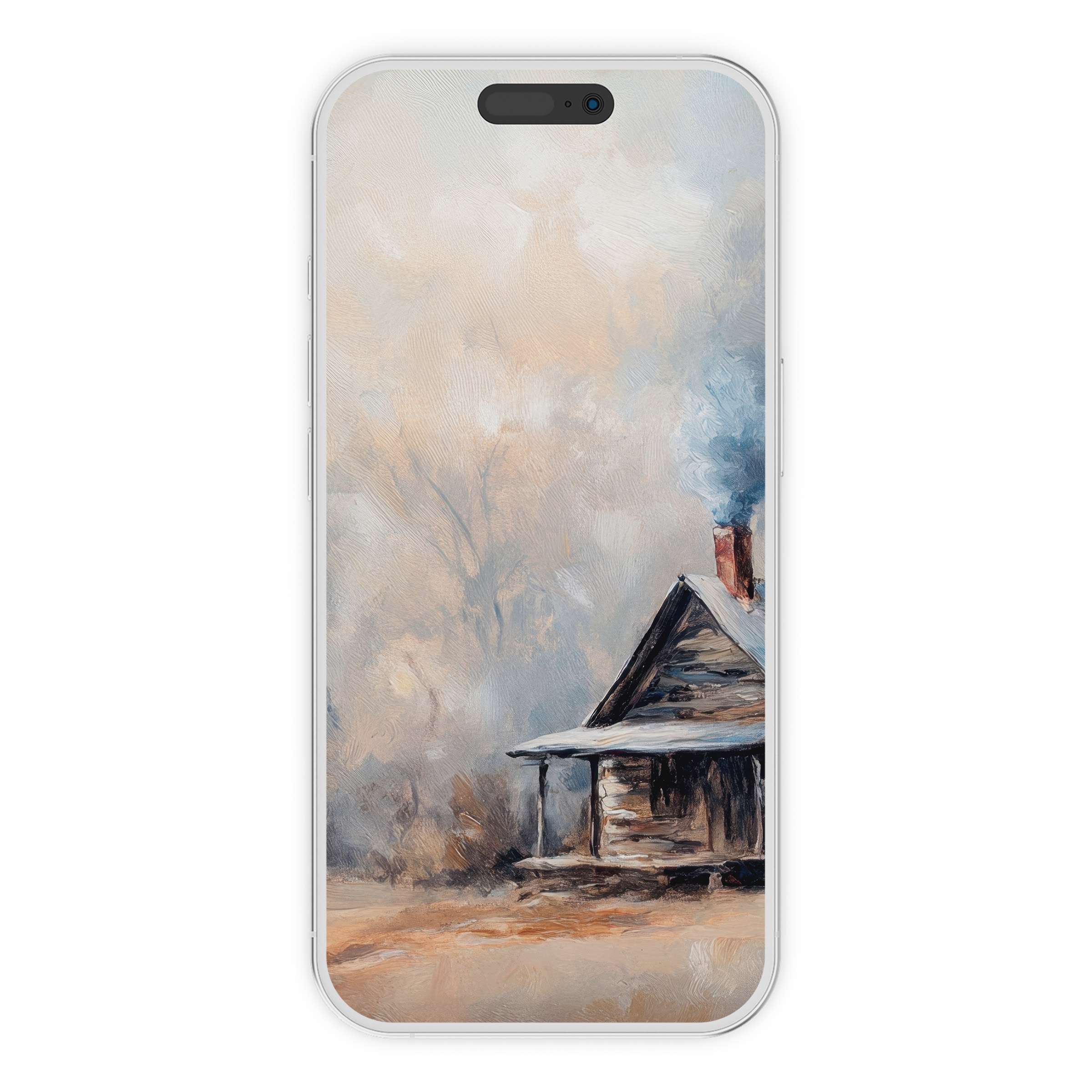 Winter iPhone wallpaper showcasing a serene digital download of a cozy cabin with smoke in a tranquil brushstroke background suitable for phone