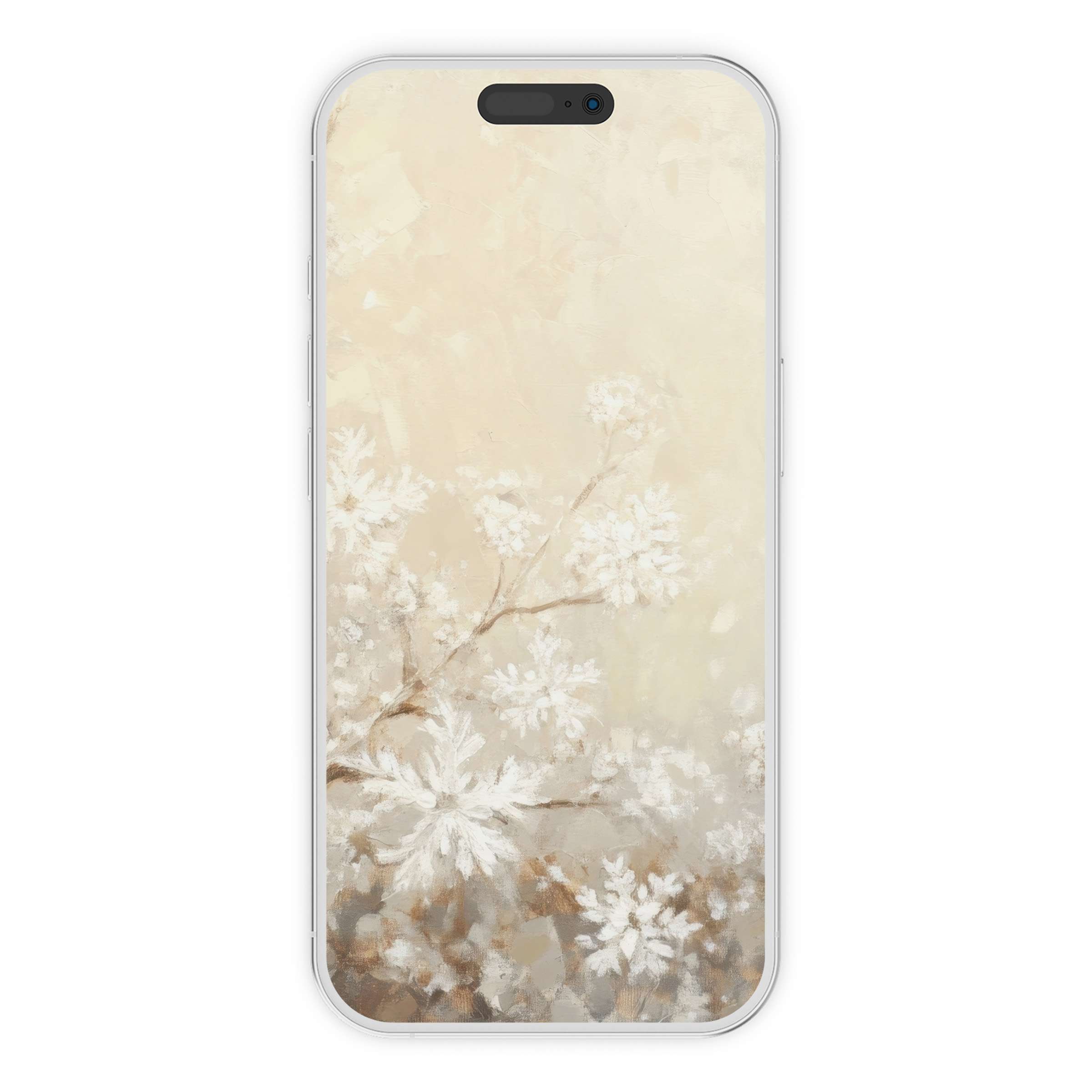 Elegant winter iPhone wallpaper featuring soft beige and white floral design for a serene phone background digital download