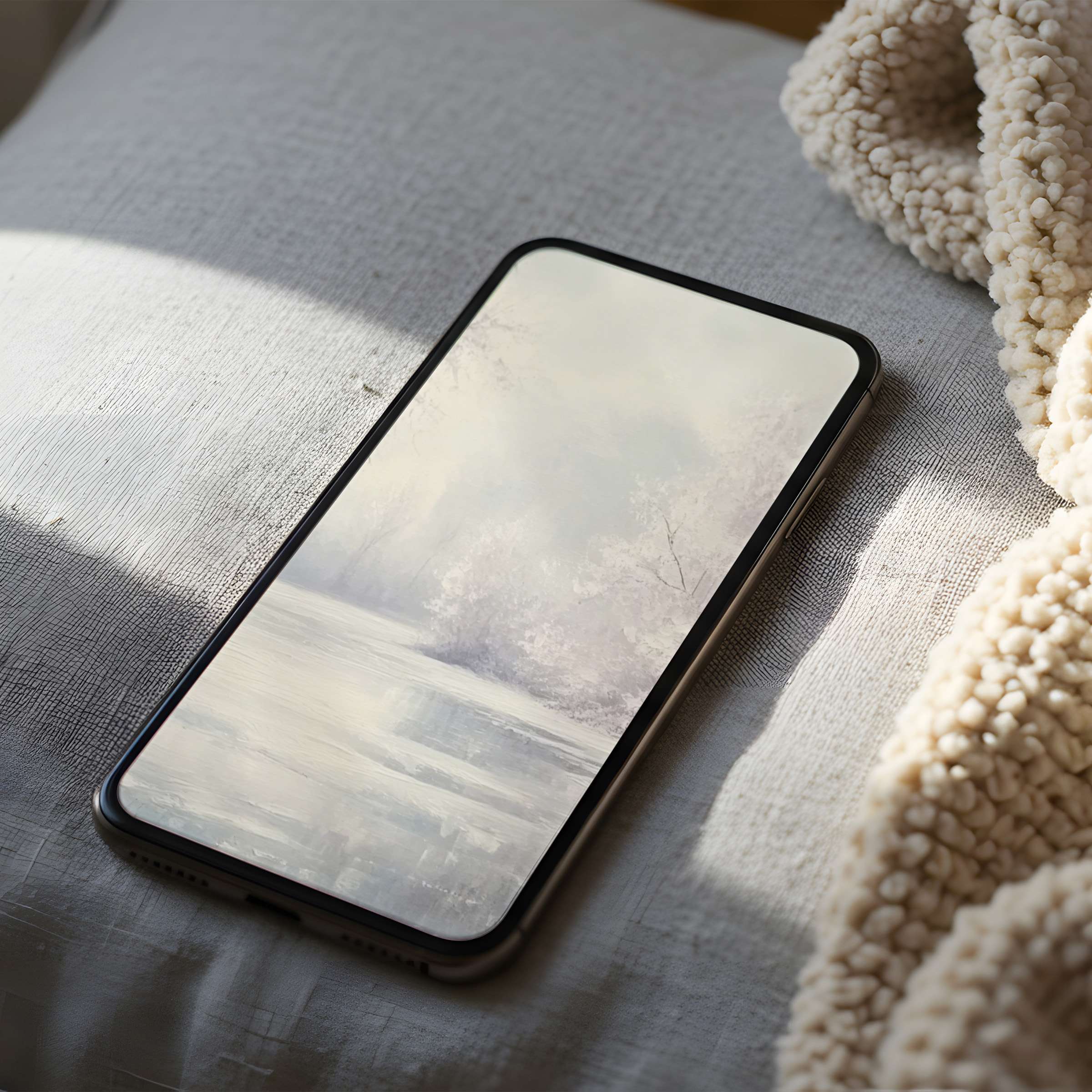 Serene winter landscape phone wallpaper in high resolution offers calming elegance, perfect for iPhone and Android digital downloads
