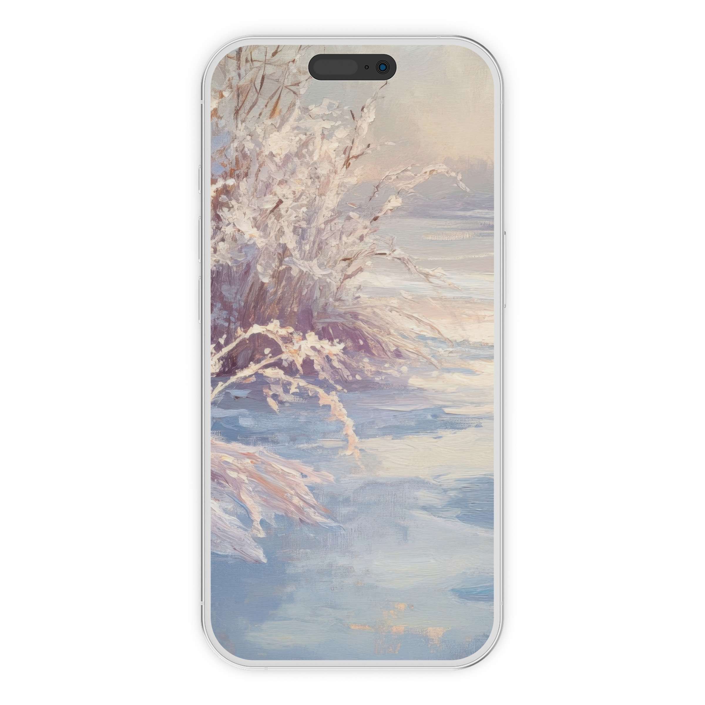 Elegant winter iPhone wallpaper in soft pastel hues offers a serene phone background, perfect as a digital download for seasonal charm