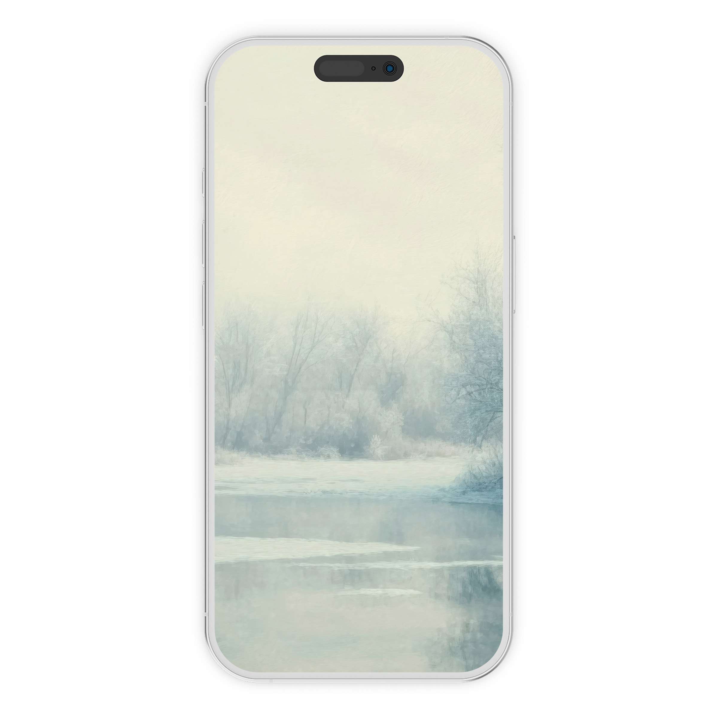 Winter iPhone wallpaper with serene frosty trees and soft reflections, perfect digital download for phone background on all devices