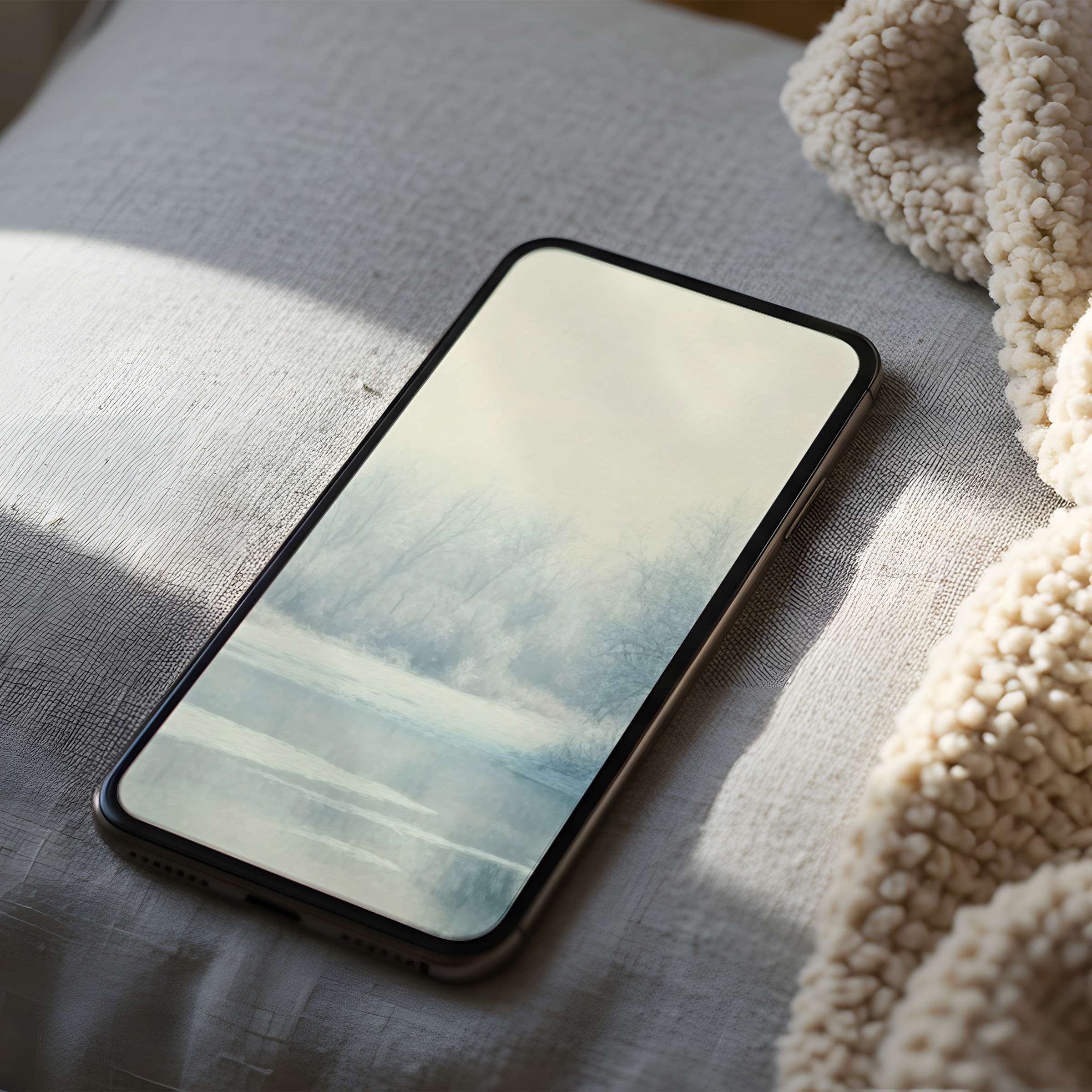 Calming phone wallpaper featuring serene winter landscape in soft blues and whites perfect for iPhone and Android digital download