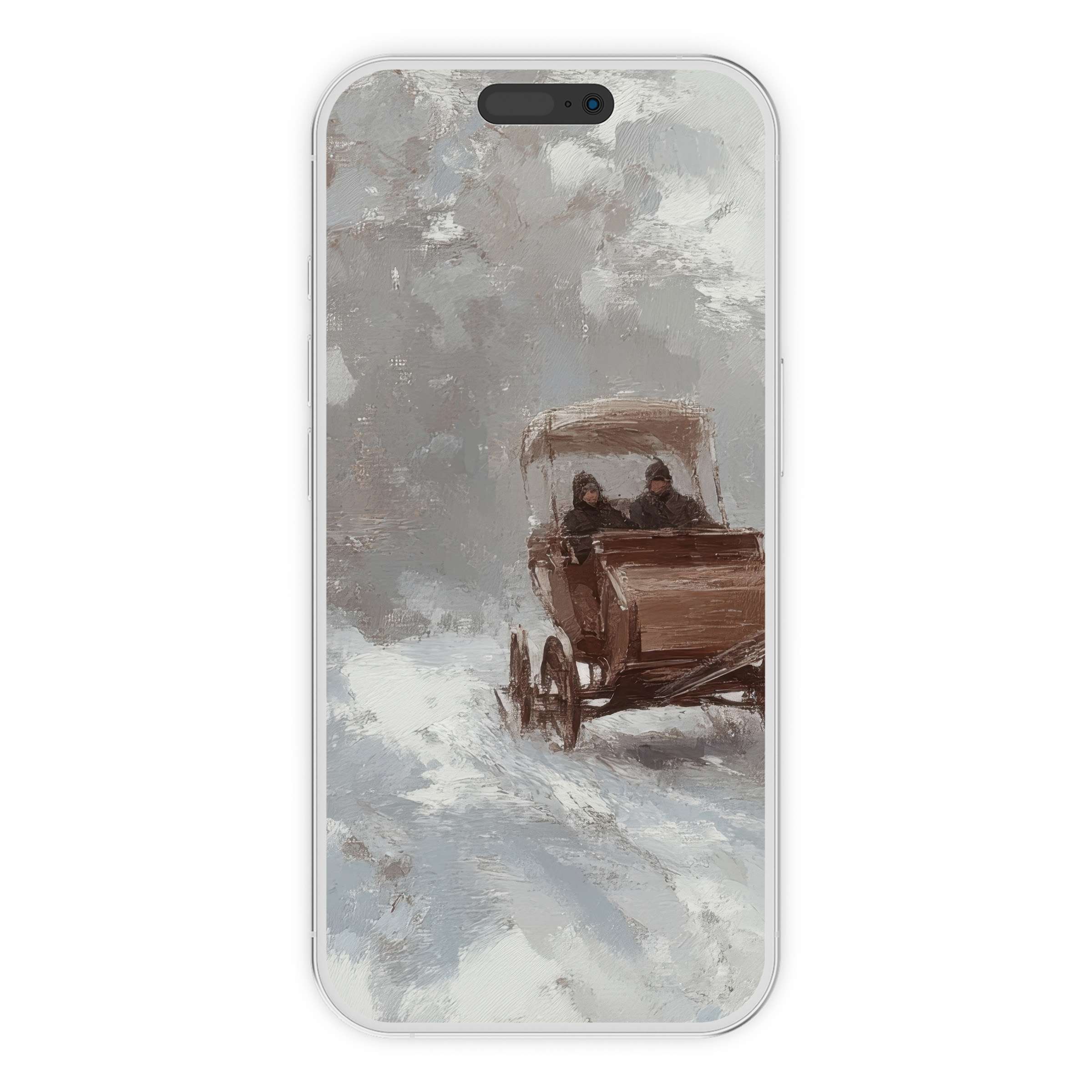 Elegant winter iPhone wallpaper featuring a serene snowy landscape with a vintage carriage, perfect for phone background digital download