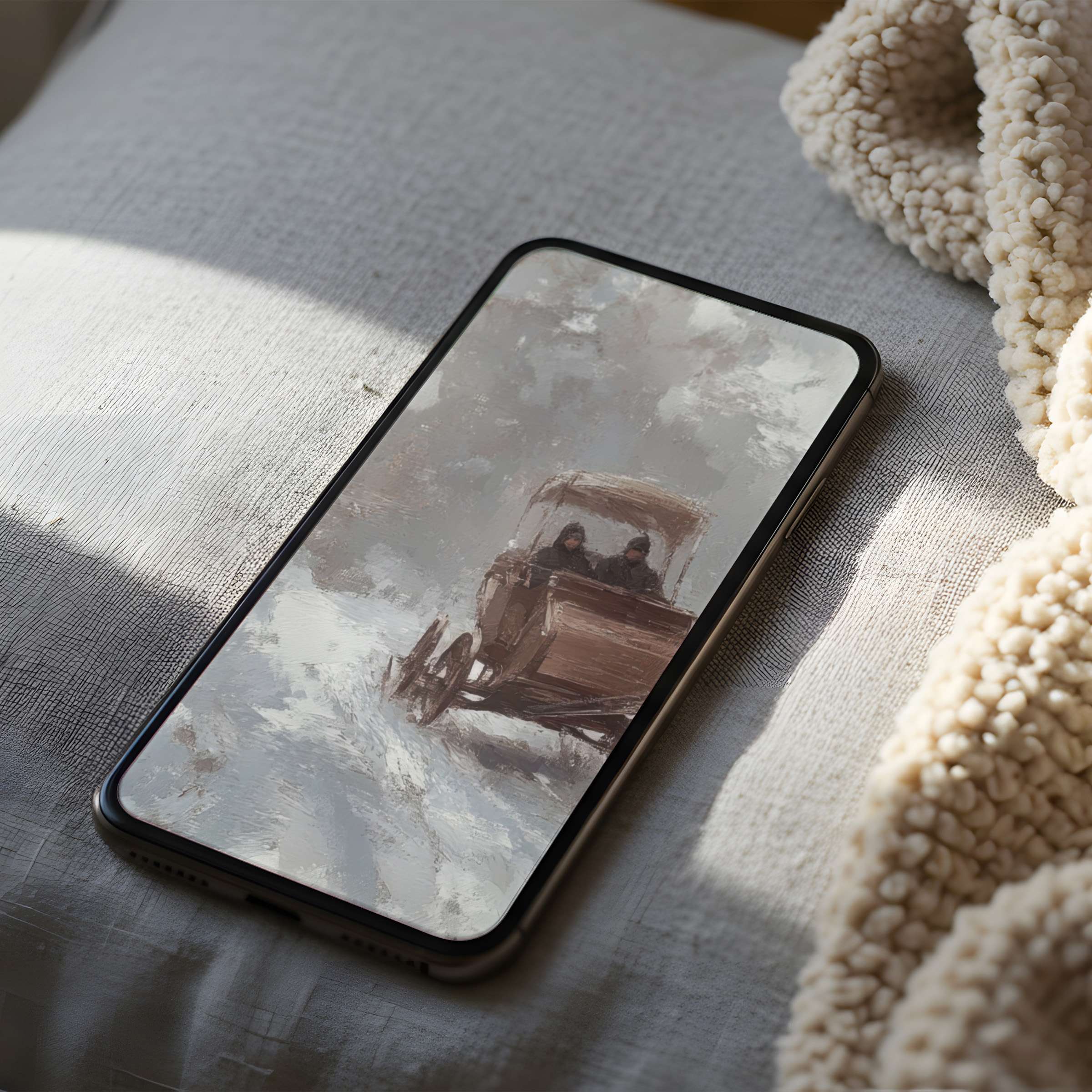 Elegant snowy carriage phone wallpaper in high resolution, perfect for iPhone or Android, offers calm digital artistry and tranquility