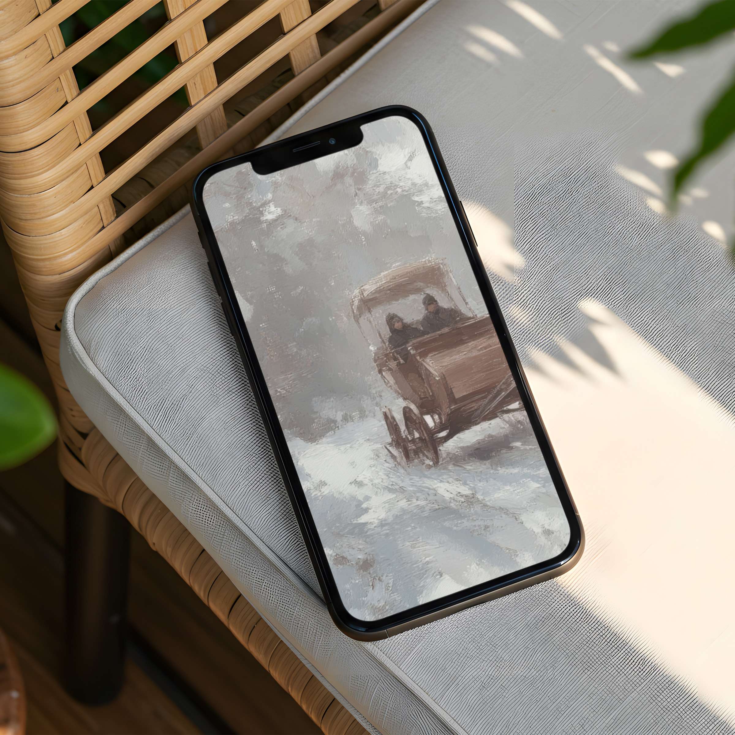 Elegant iPhone background featuring vintage carriage art in serene tones offering instant download for any phone user seeking calm inspiration