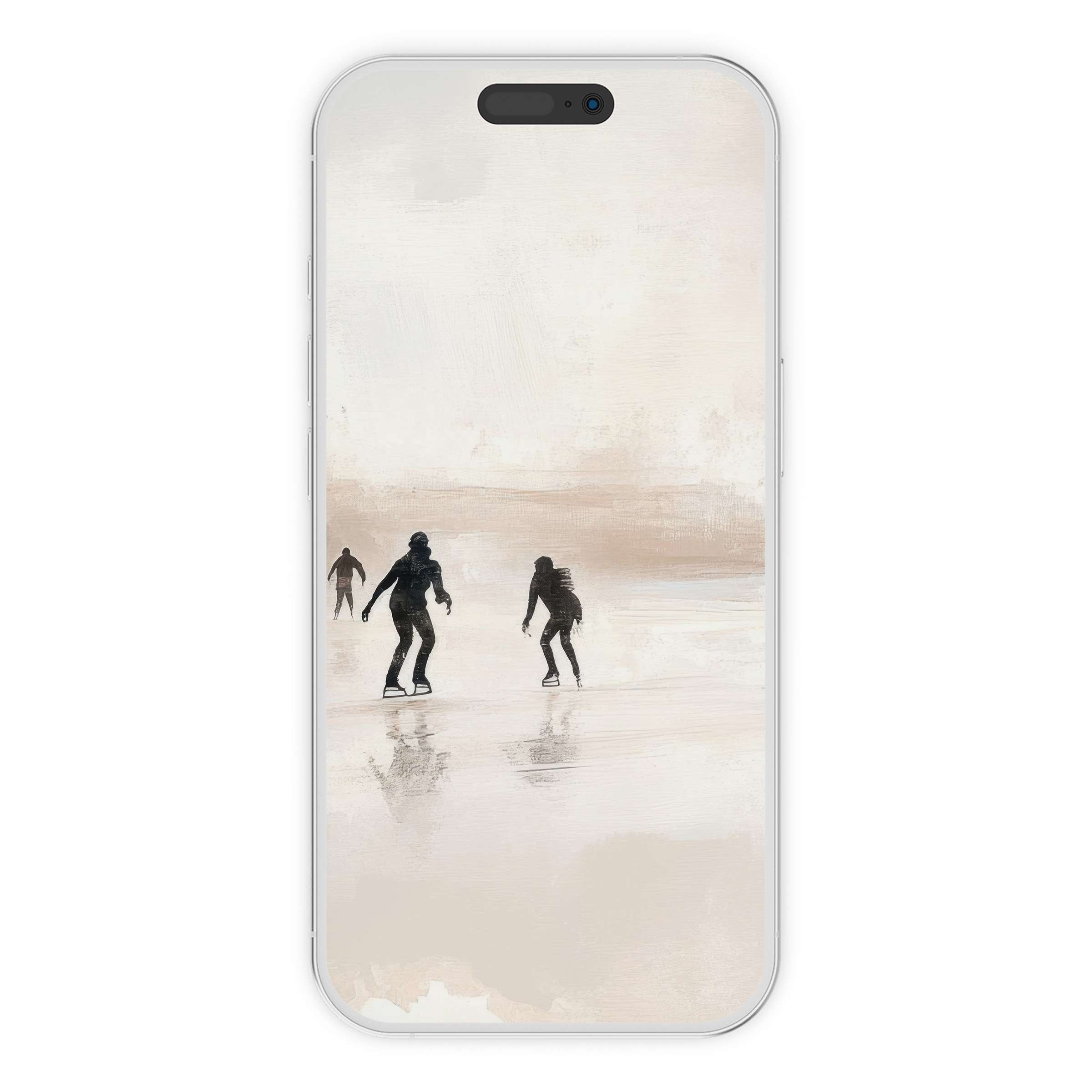 Serene winter iPhone wallpaper featuring skaters on a frozen lake offers a calm digital download for your phone background