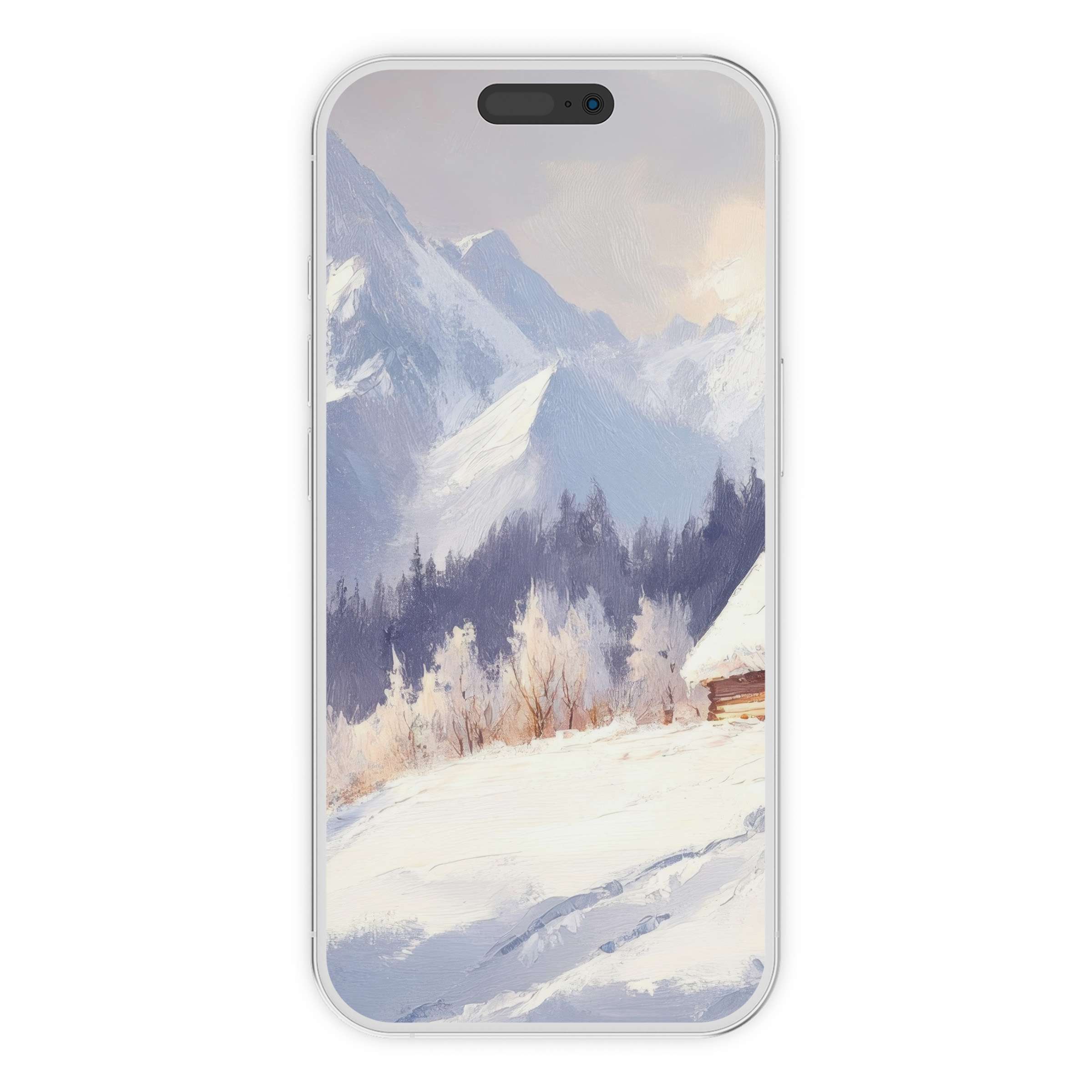 Elegant winter iPhone wallpaper featuring serene snowy mountains and a rustic cabin, perfect phone background digital download