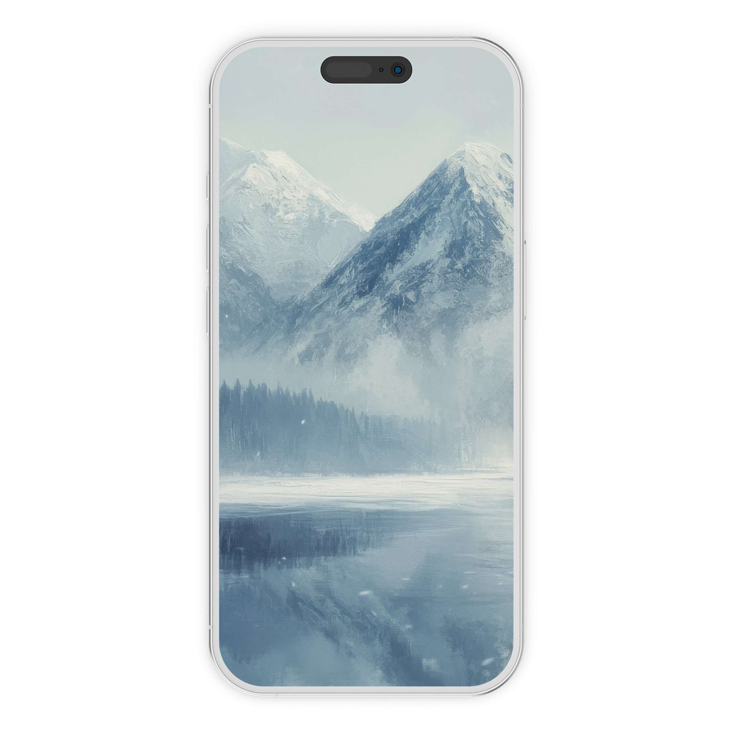 Winter iPhone wallpaper featuring serene icy mountains and misty lake phone background digital download to inspire calm reflection