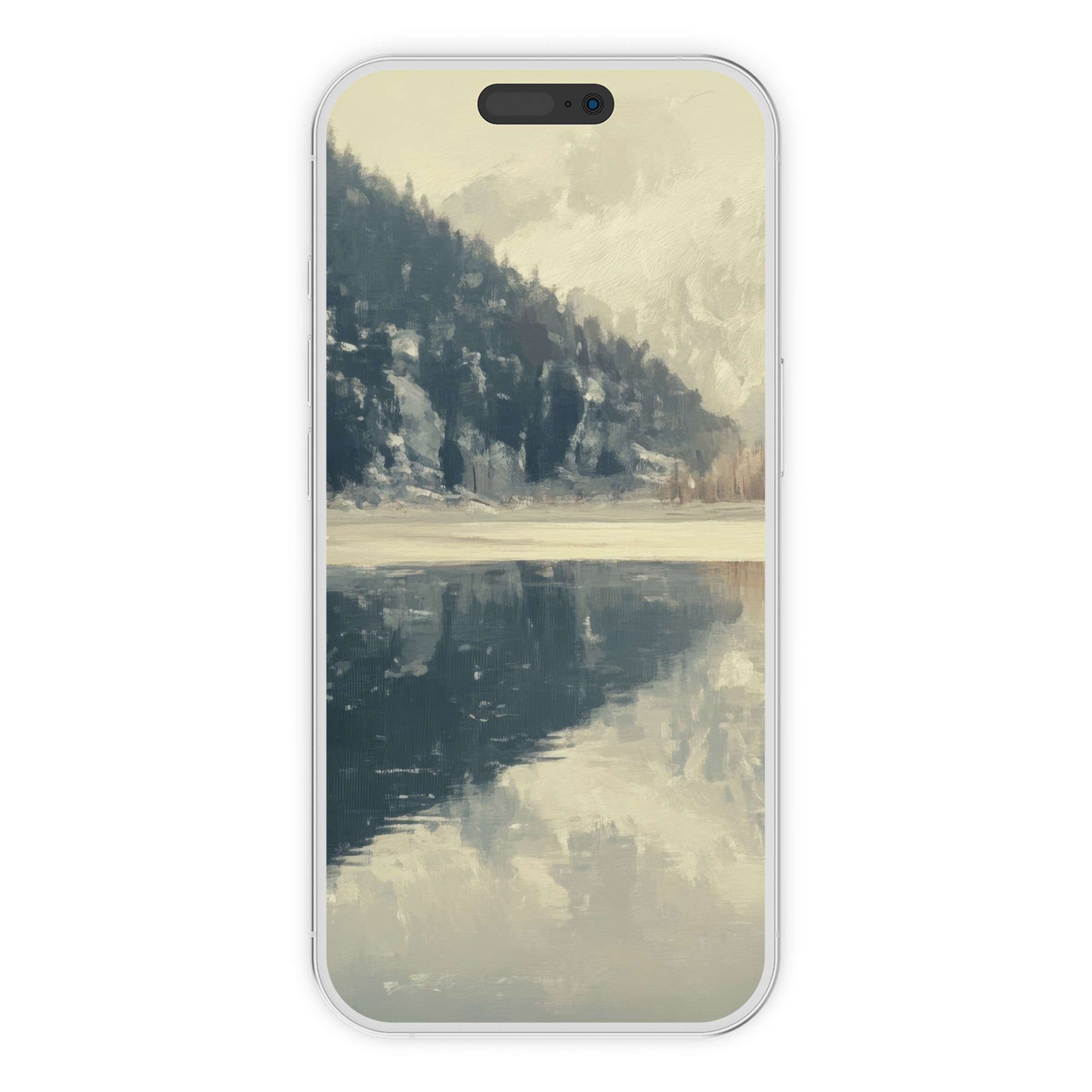 Winter iPhone wallpaper featuring serene forest reflections on a tranquil lake, ideal phone background for elegant digital download