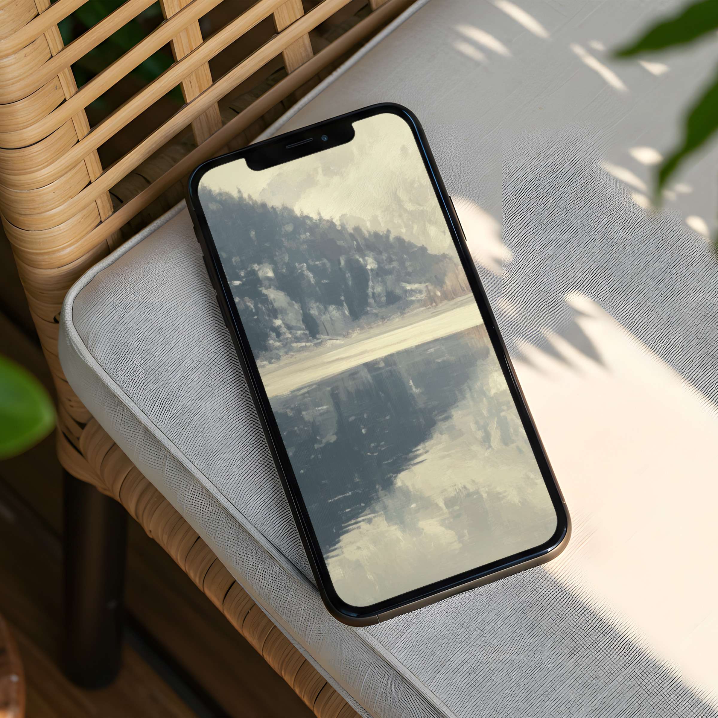 Elegant iPhone background with serene landscape art in calming shades fits iPhone and Android phones for instant download inspiration