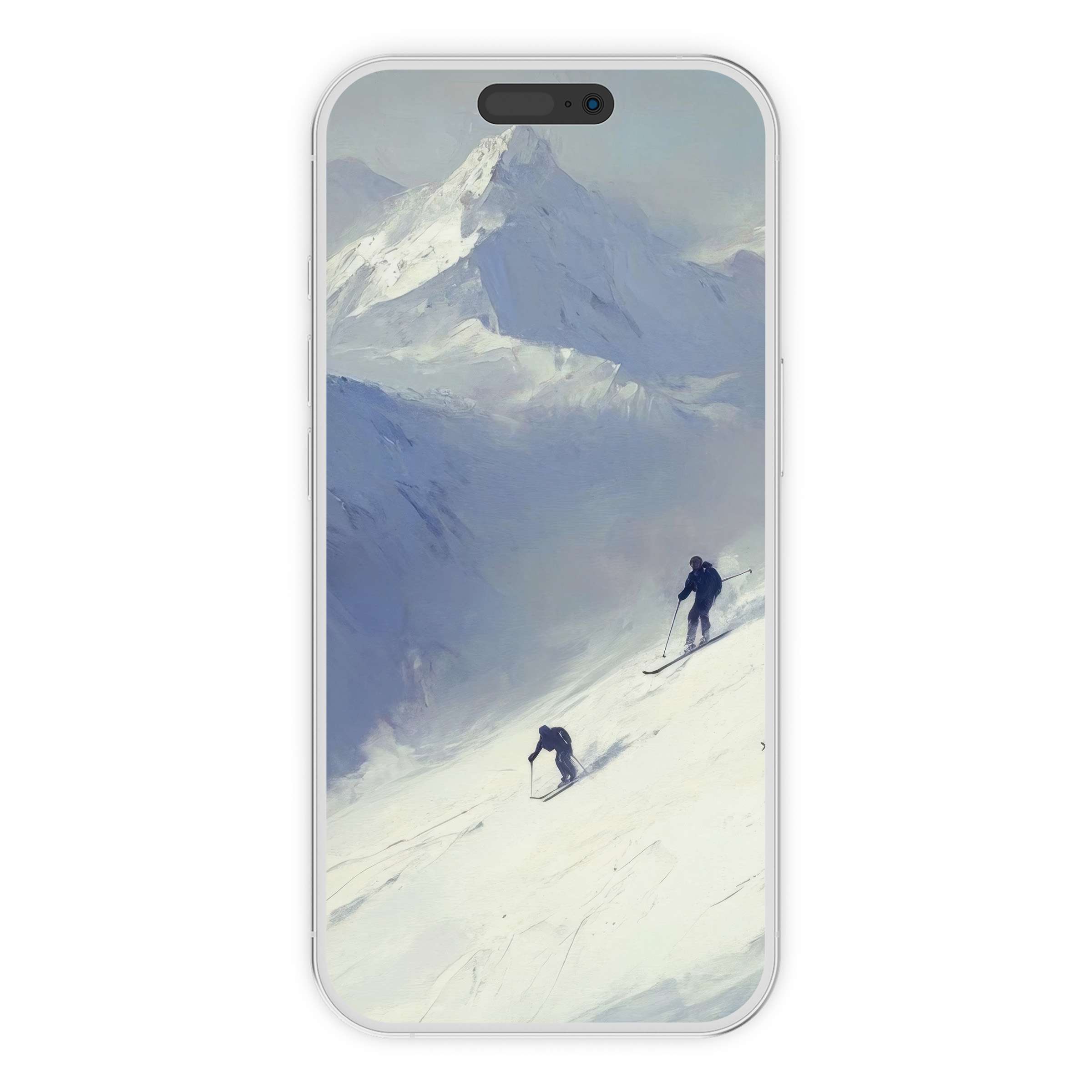 Soothing winter iPhone wallpaper showcasing serene snowy mountains and skiers, perfect digital download for calm phone background elegance