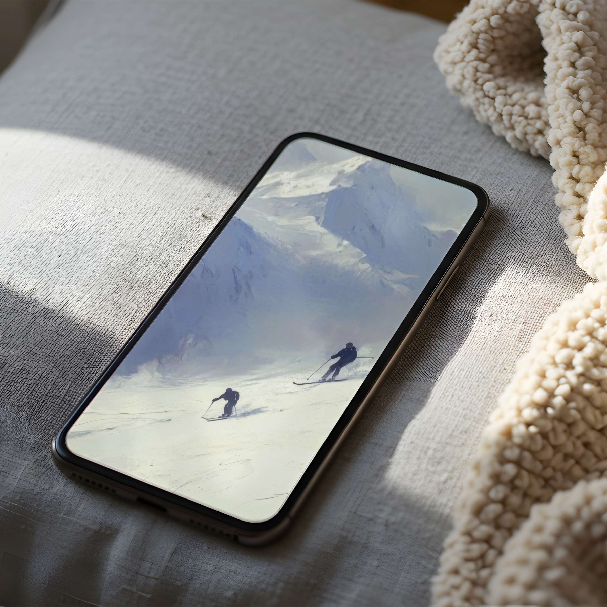Elevate your style with this curated phone wallpaper featuring serene snowy mountains, perfect for high-resolution iPhone and Android screens
