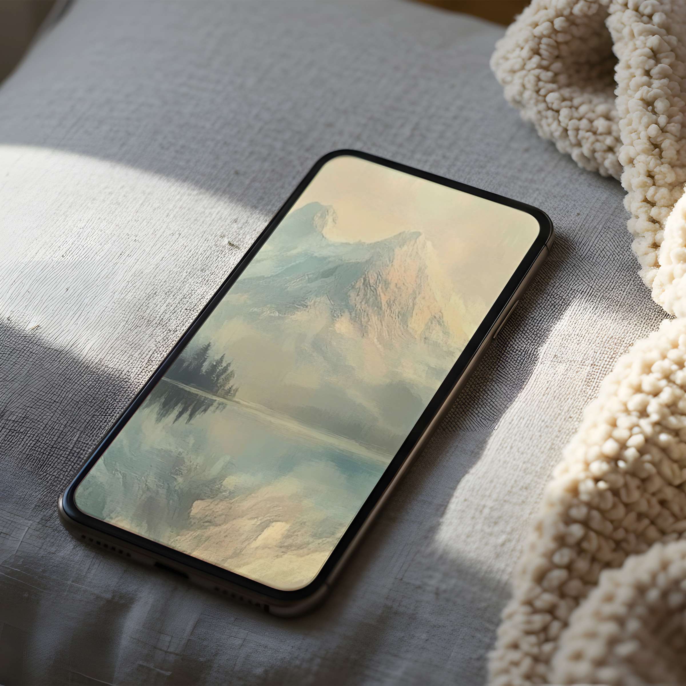 Elegant mountain landscape phone wallpaper in high resolution on a cozy bed setting ideal for serene digital downloads