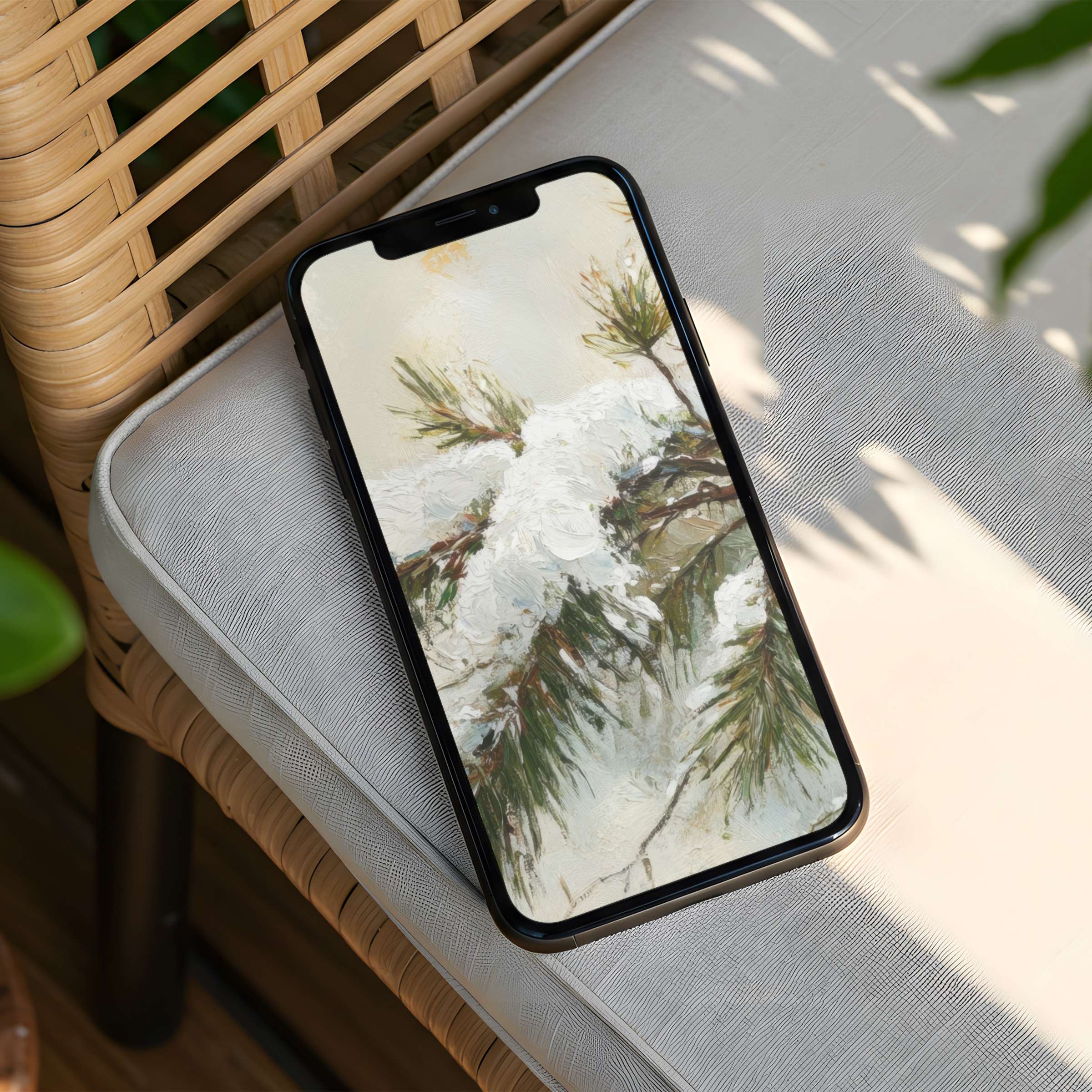 iPhone background featuring serene snow-laden pine branches offers calm inspiration fit for any phone instant download available