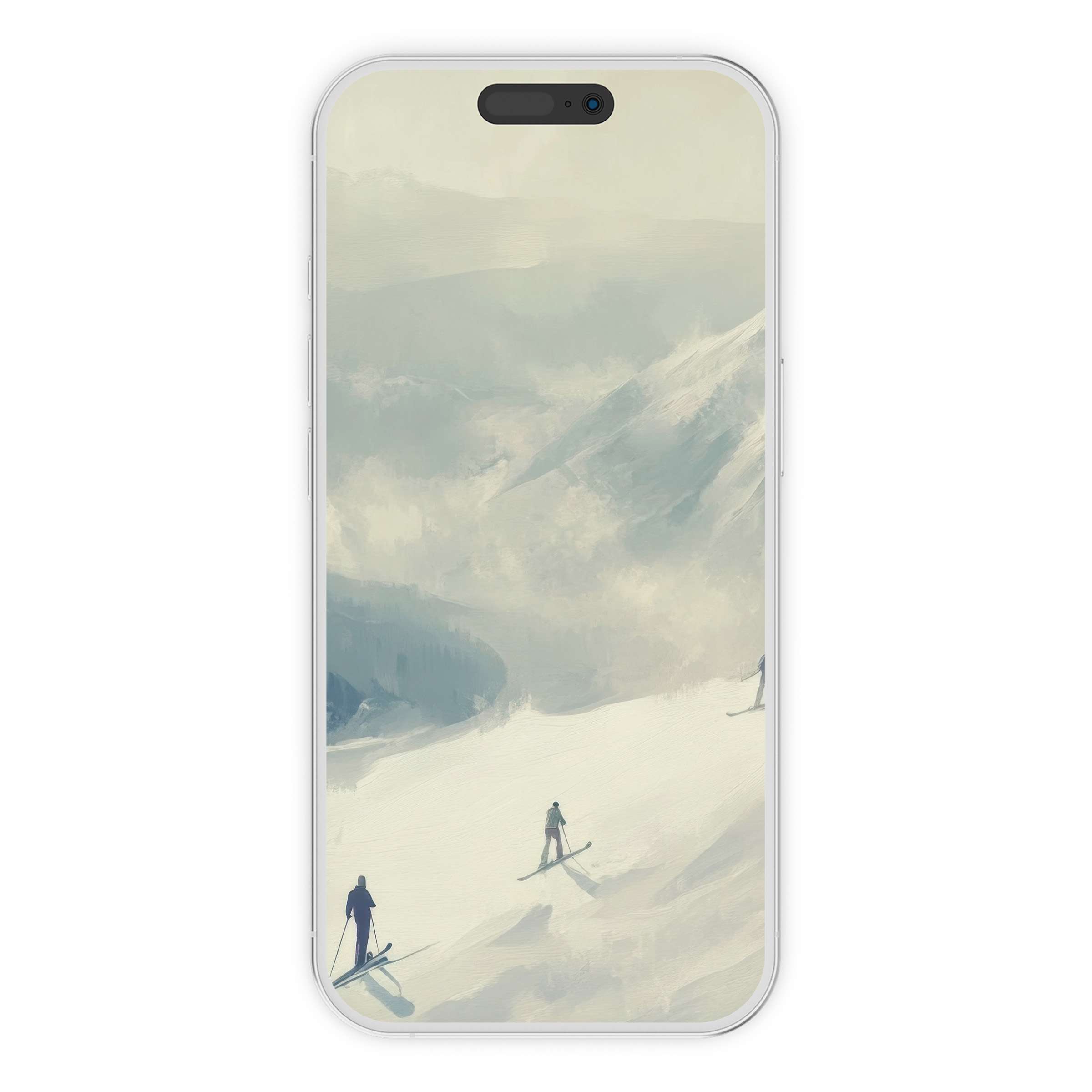 Elegant winter iPhone wallpaper featuring serene snow-covered mountains and skiers, perfect digital download for phone background tranquility