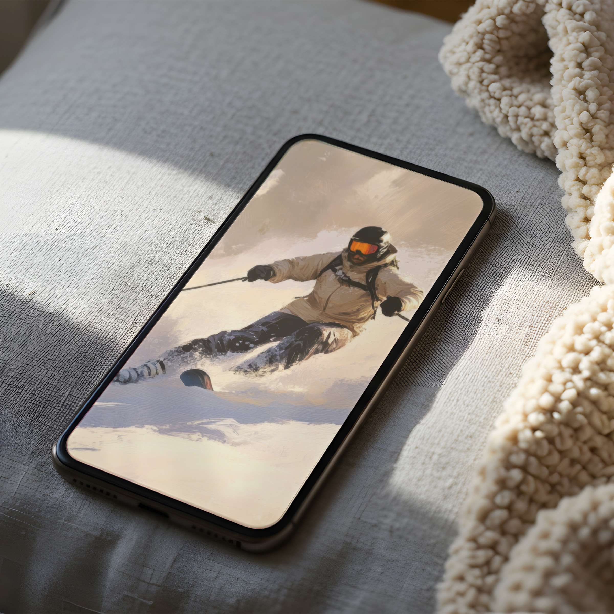 Elegant phone wallpaper features a skier in motion on snowy slopes, high resolution perfect for iPhone or Android digital download
