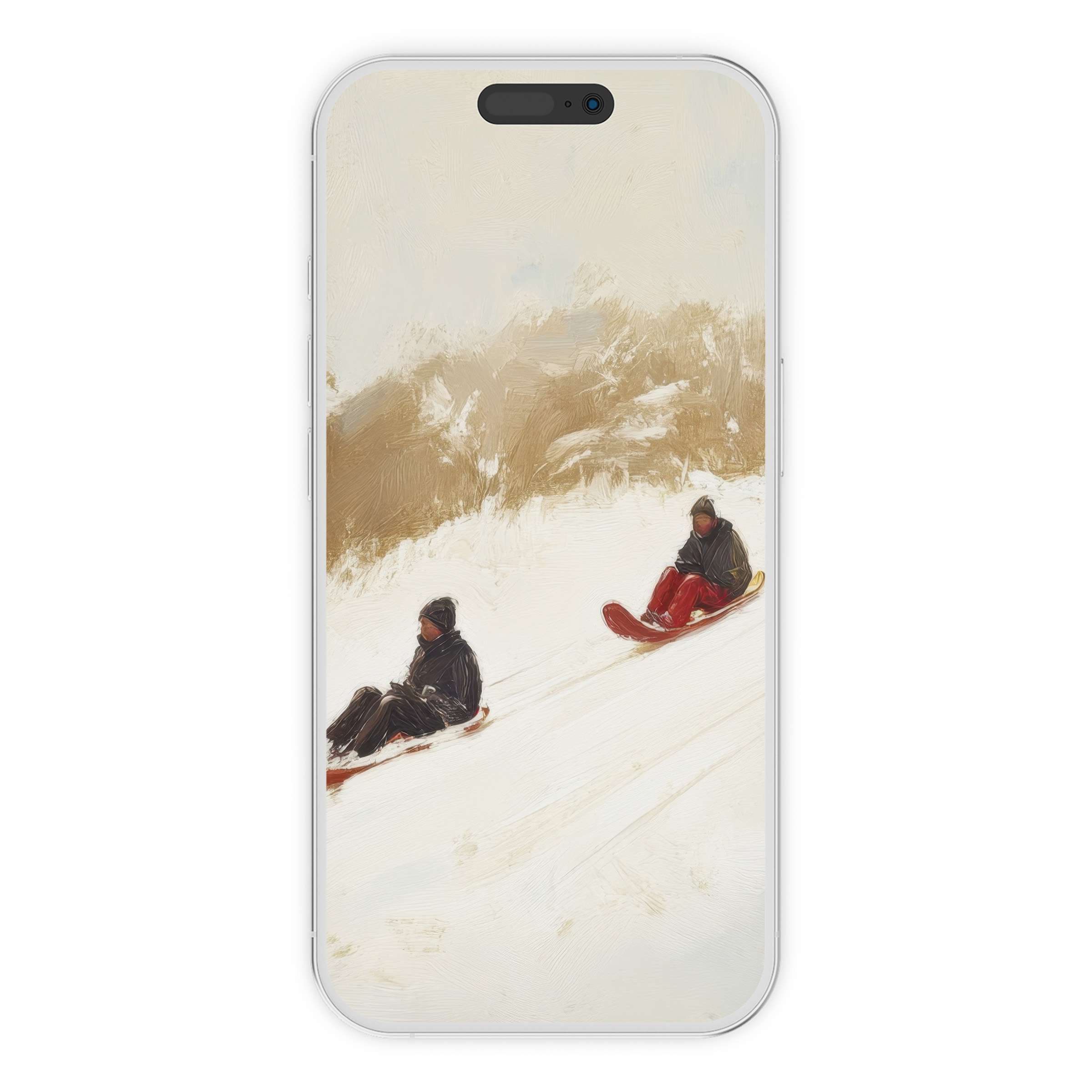Winter iPhone wallpaper featuring a serene snowy landscape with sledding figures, perfect phone background digital download for elegance