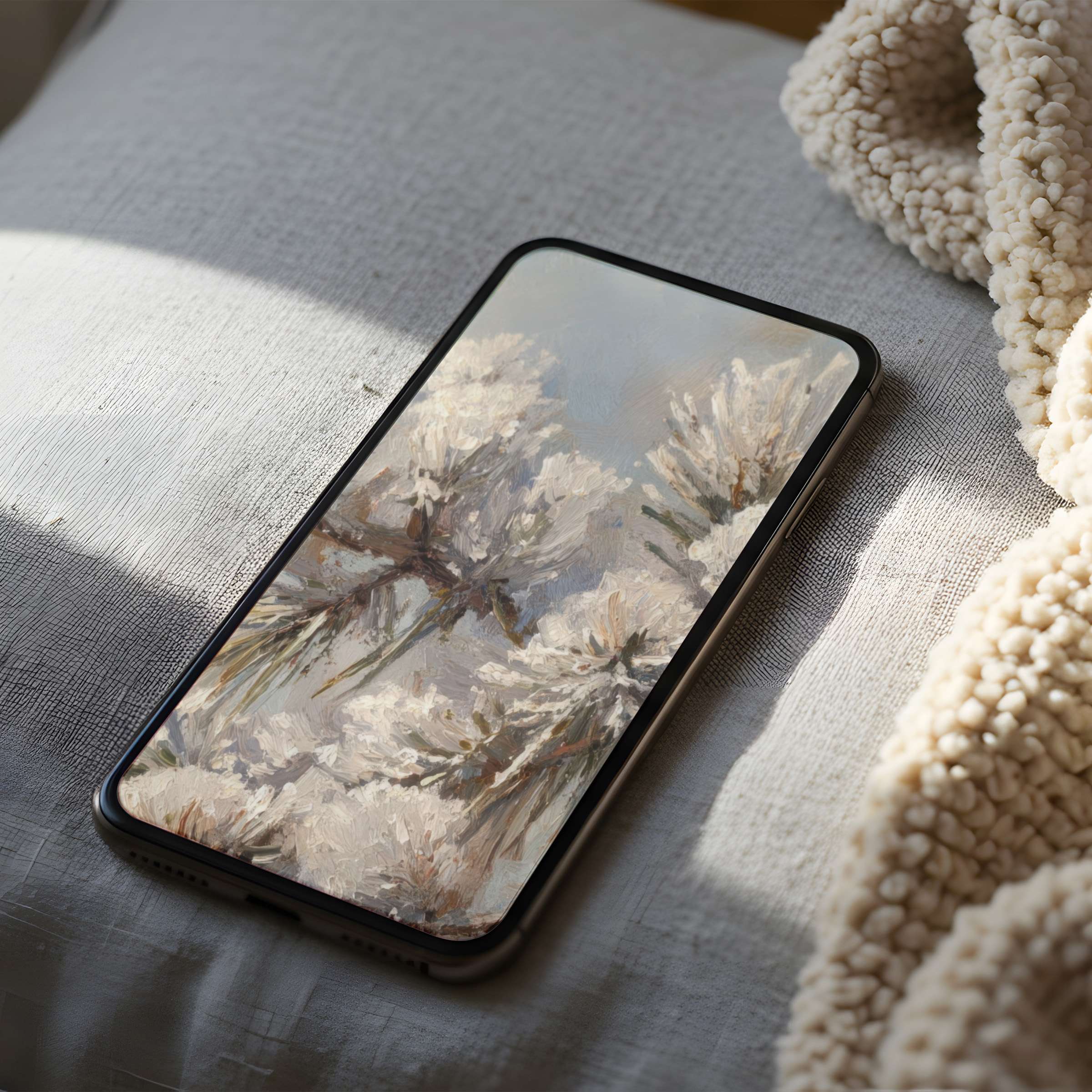 Elegant floral phone wallpaper in soft pastels, perfect for high-resolution iPhone or Android, offers serenity in a sunlit, cozy setting