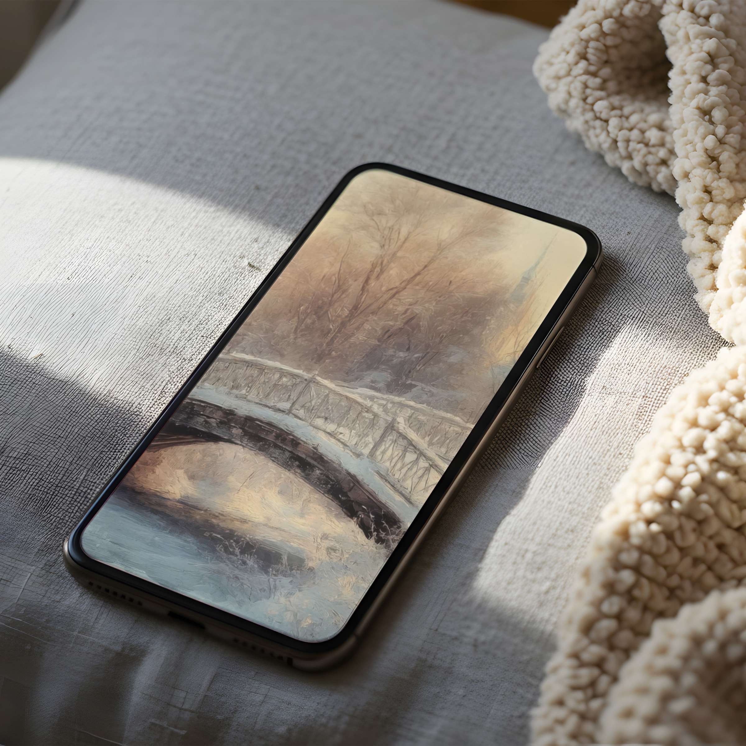 Elegant phone wallpaper featuring a serene winter bridge scene in high resolution, perfect for iPhone and Android digital downloads
