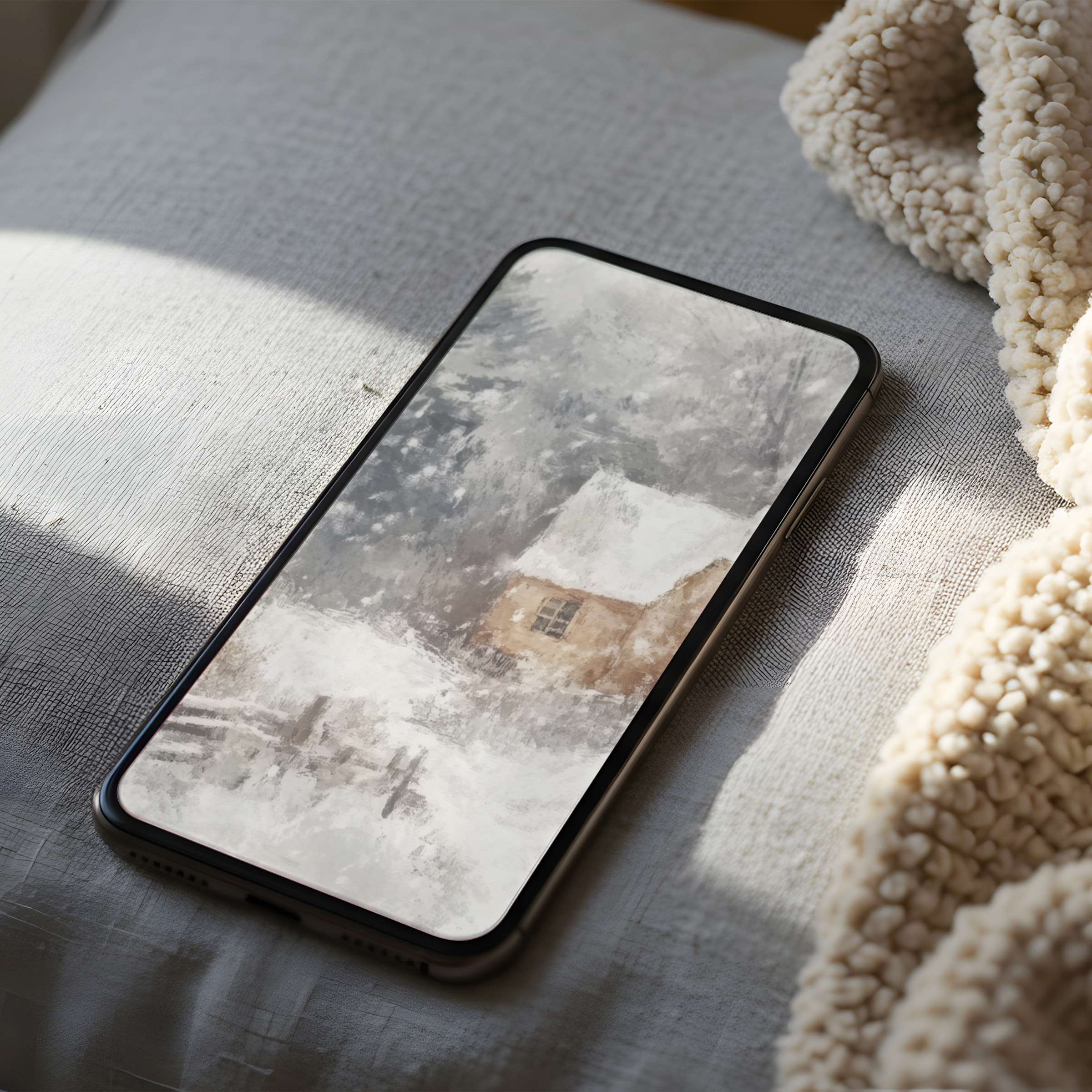 Calming winter cabin phone wallpaper with soft earthy tones evokes tranquility perfect for high-resolution iPhone and Android download