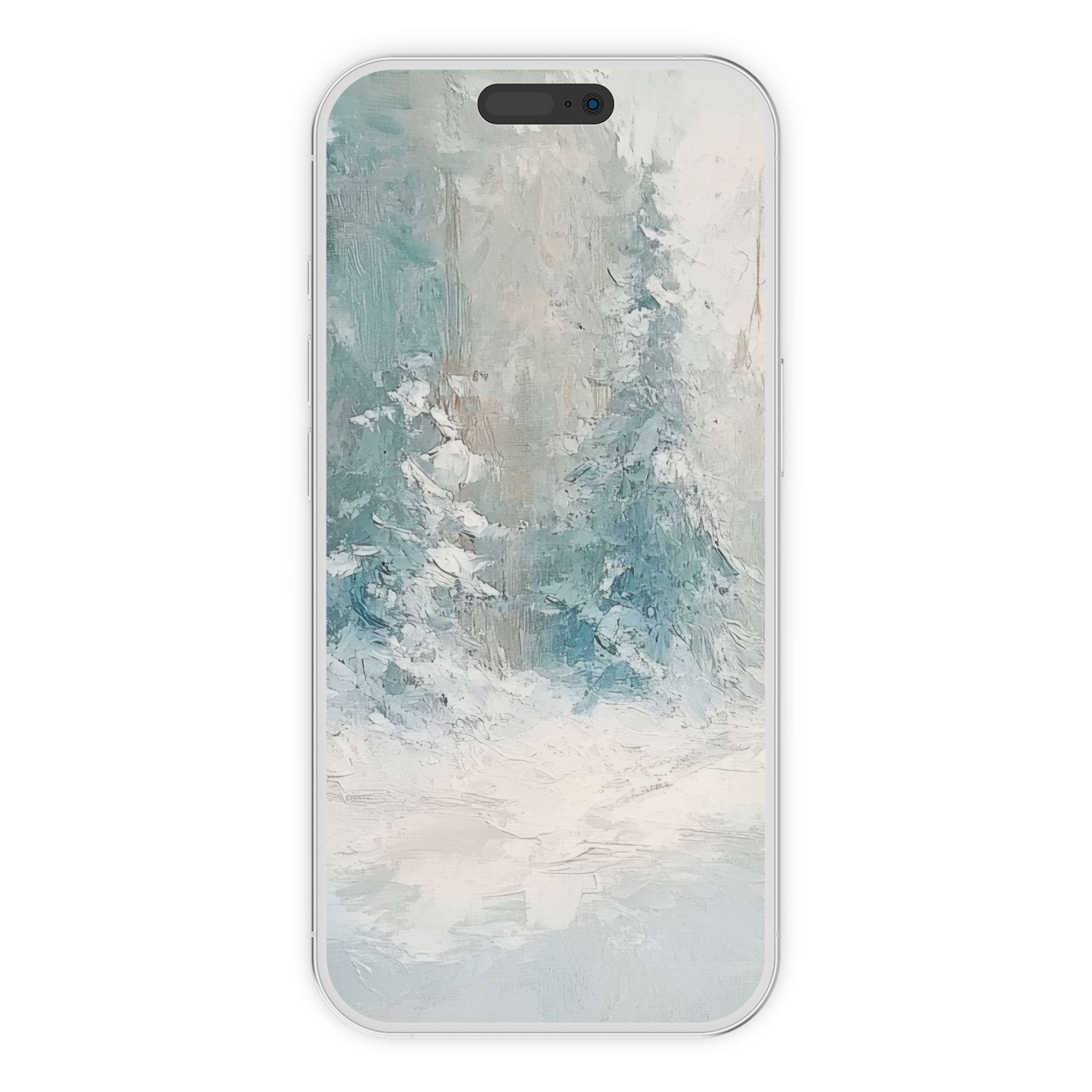 Elegant winter iPhone wallpaper with serene snowy forest, textured brushstrokes, digital download for phone background, eco-friendly design