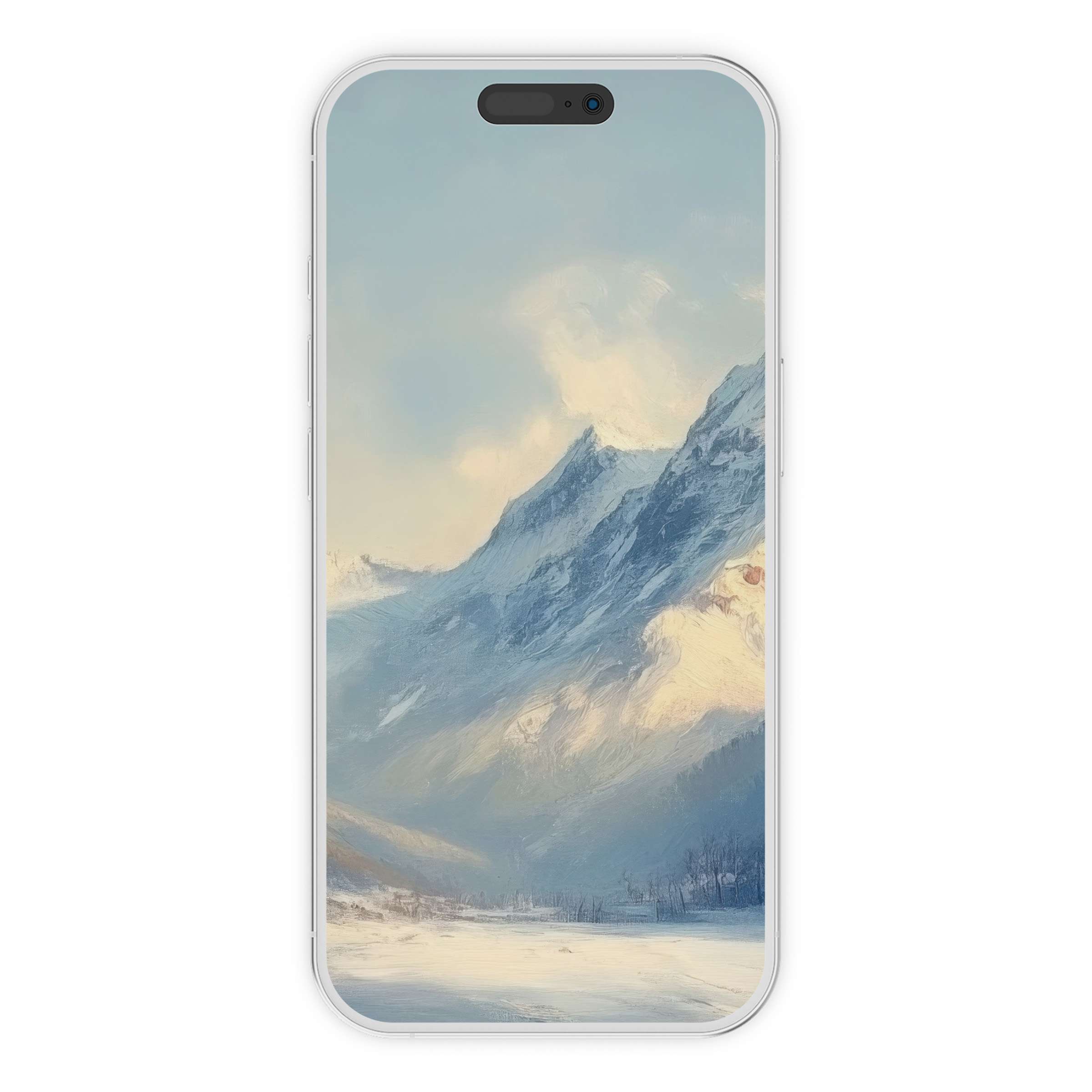 Elegant winter iPhone wallpaper featuring serene snowy mountains and soft sky hues, perfect digital download for phone background luxury