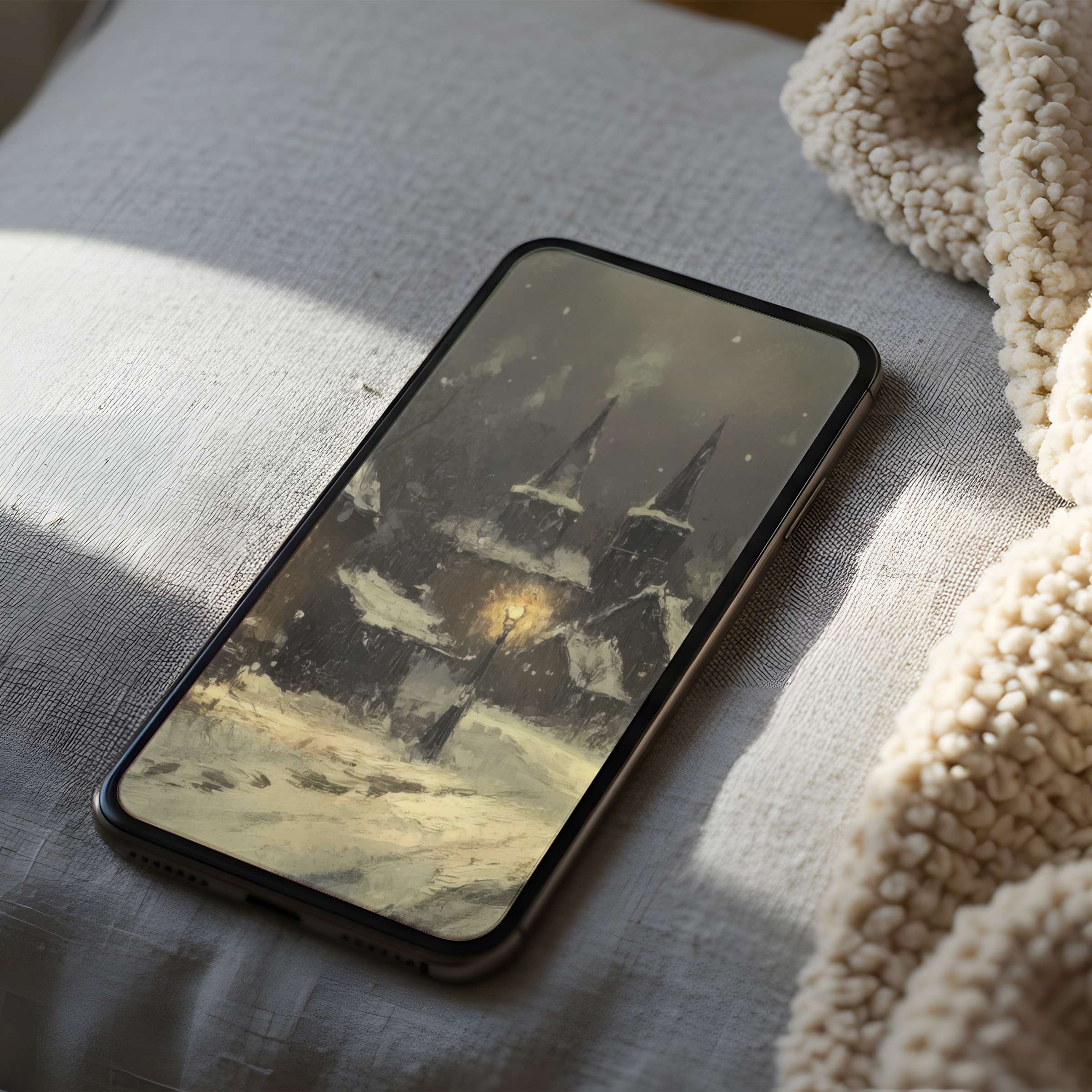 Snowy village landscape phone wallpaper in high resolution evokes tranquility, perfect for iPhone and Android digital download lovers