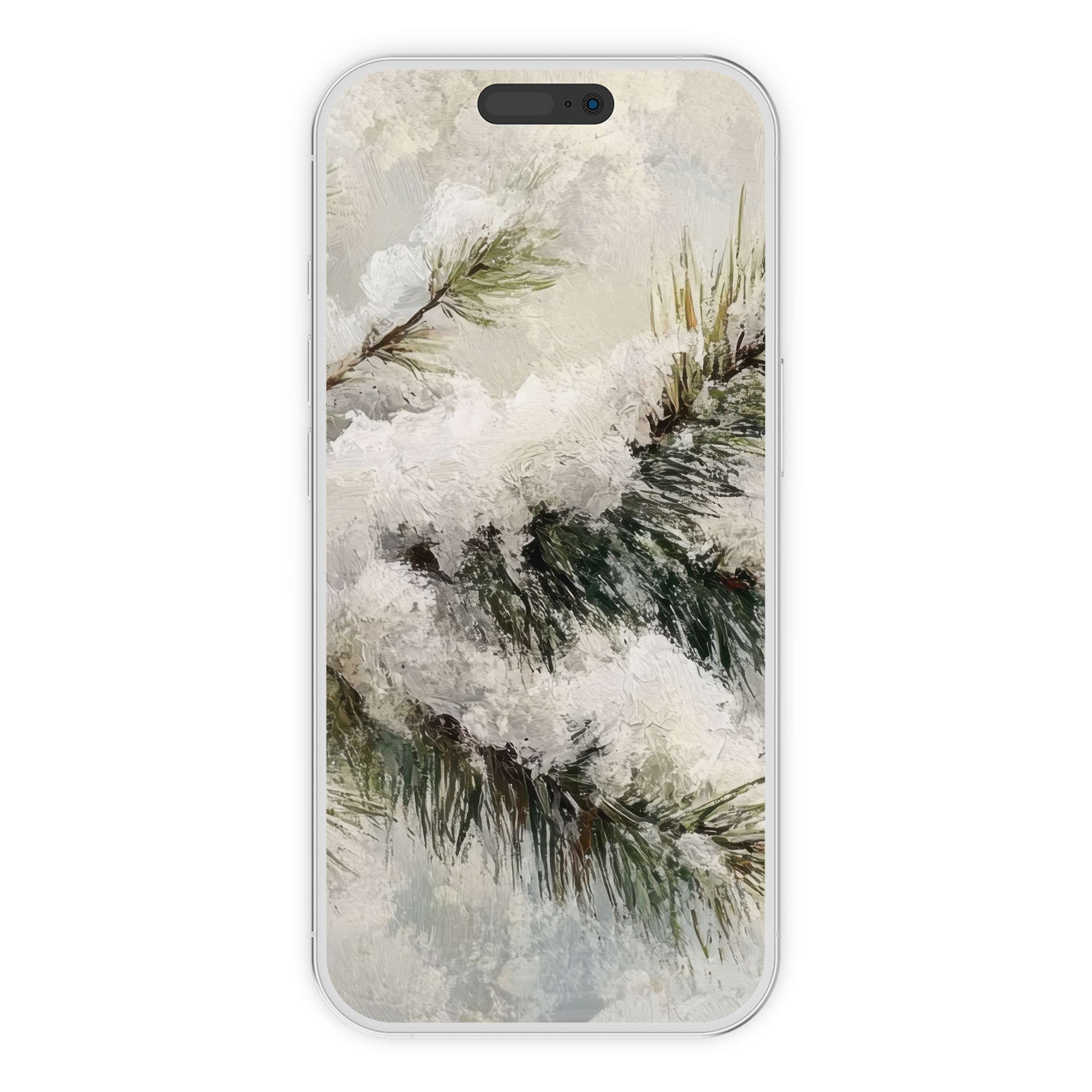 Elegant winter iPhone wallpaper showcasing snow-laden pine branches in an impressionist style, ideal for phone backgrounds and digital download